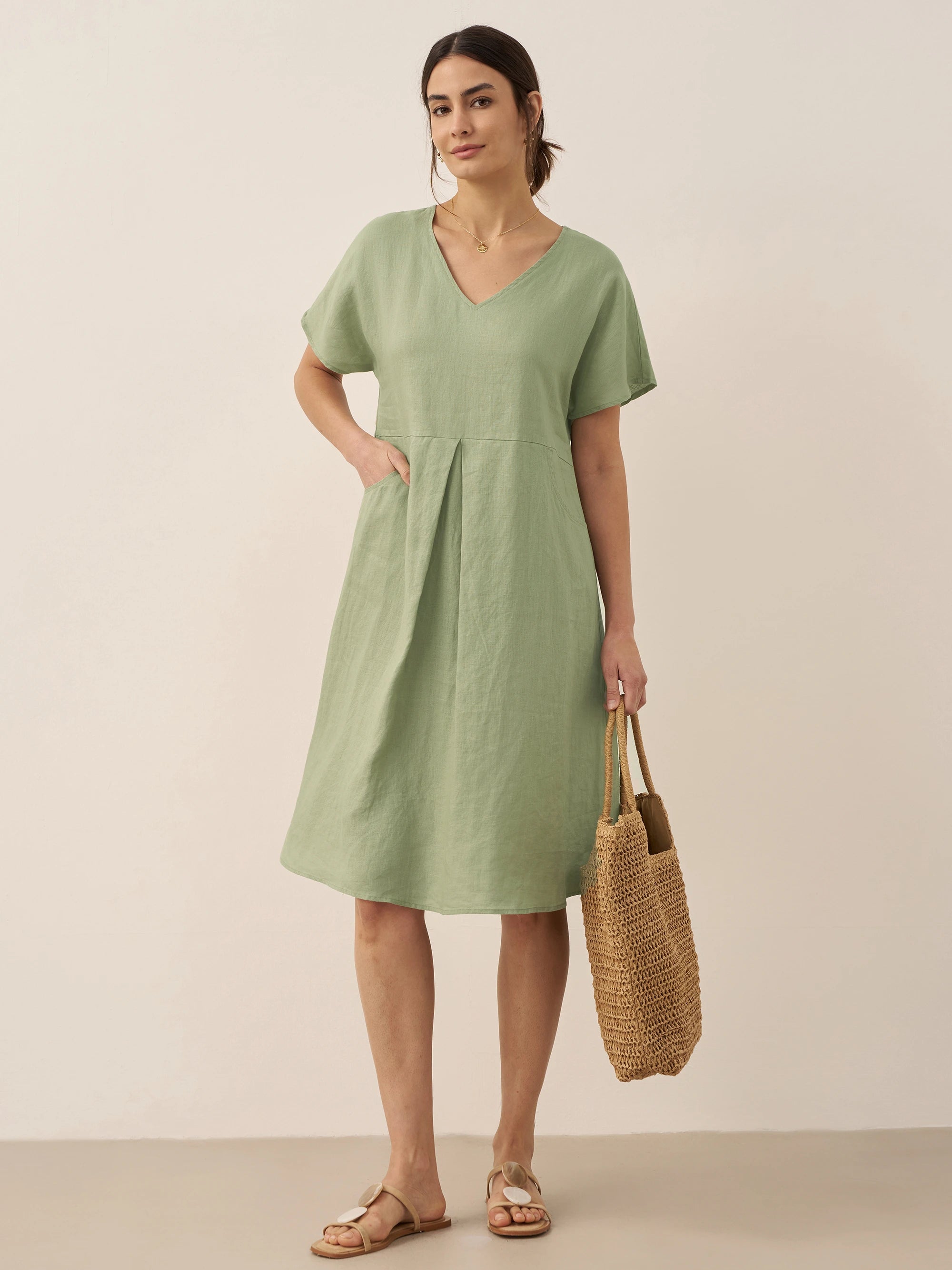 100% Linen V-Neck Pockets Swing Dress AINSLEY