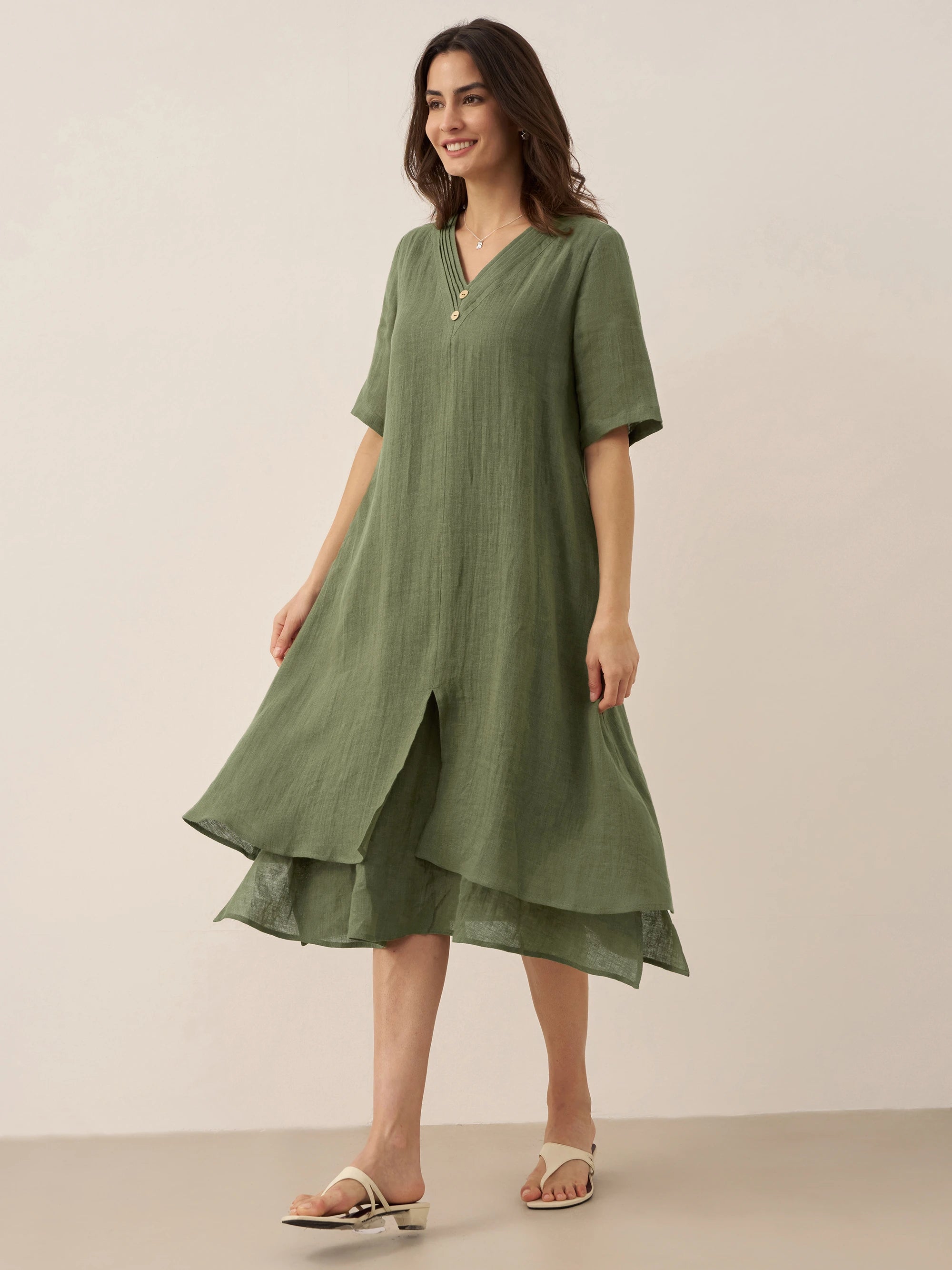 100% Linen V-Neck Double-Layer Midi Dress JAYDA