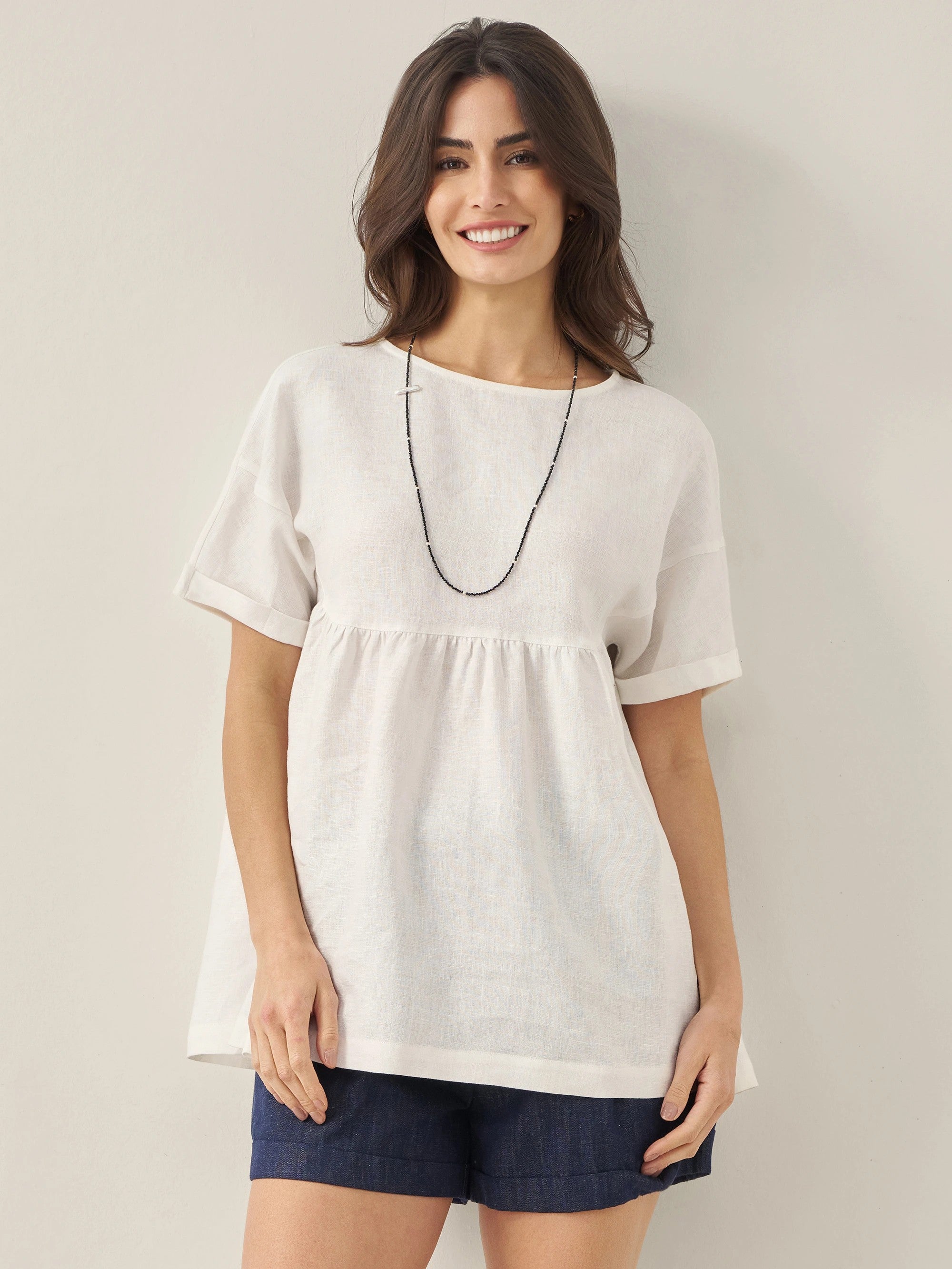 100% Linen Round Neck Pleated Pullover Top QUINLAN