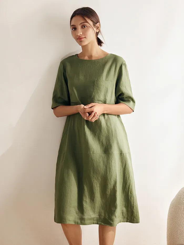 100% Linen Mid-Sleeve Maxi Dress