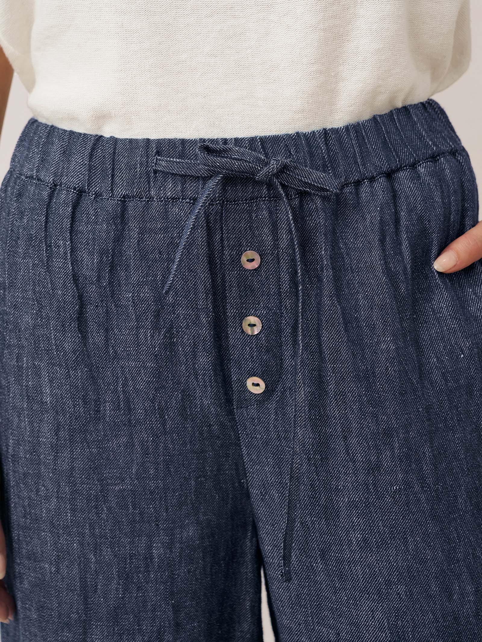 100% Linen Denim Texture Elastic Waist Straight Leg Pants HAZEL
