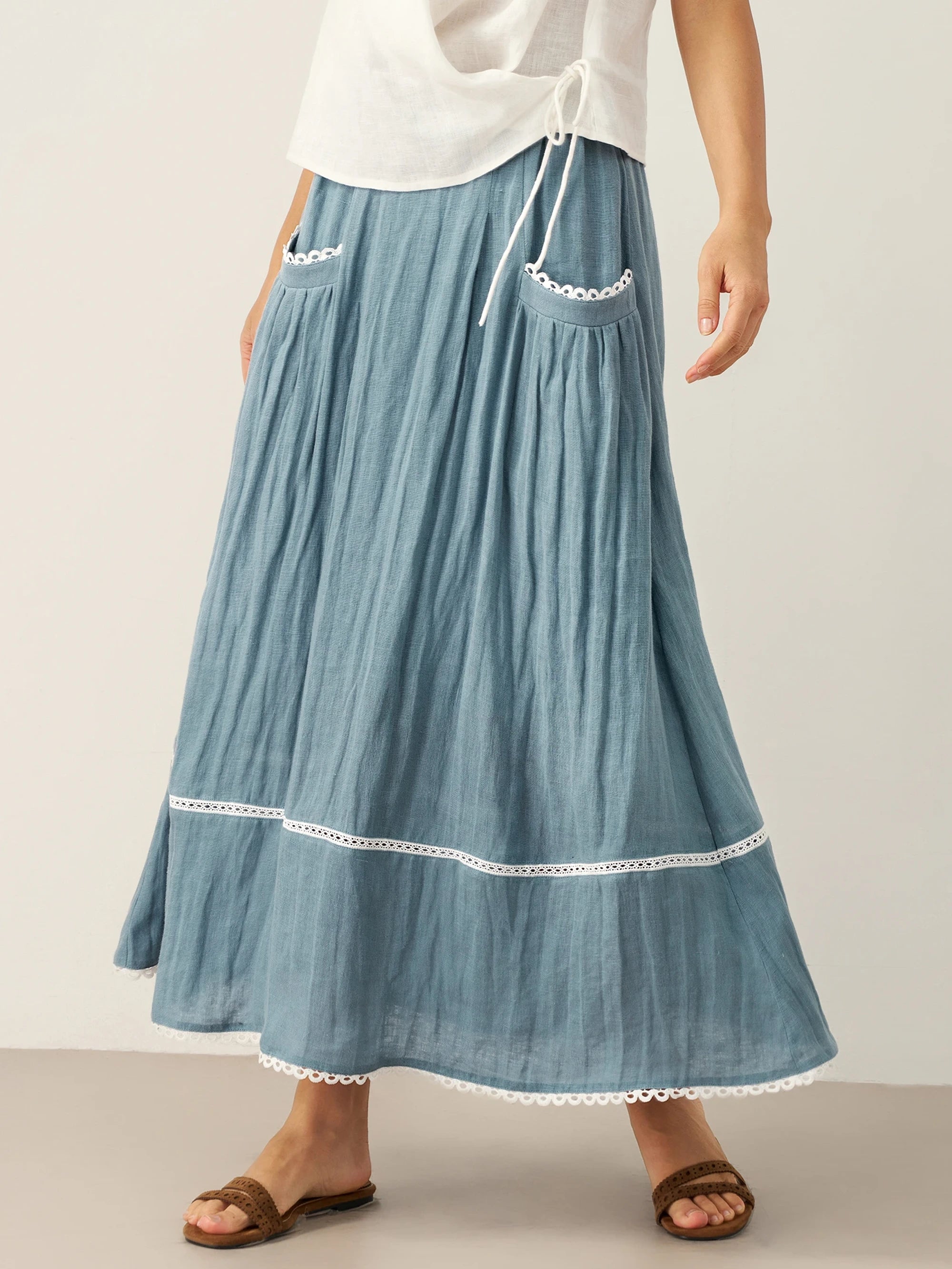 100% Linen Lace-Up Pocket Skirt FENLA