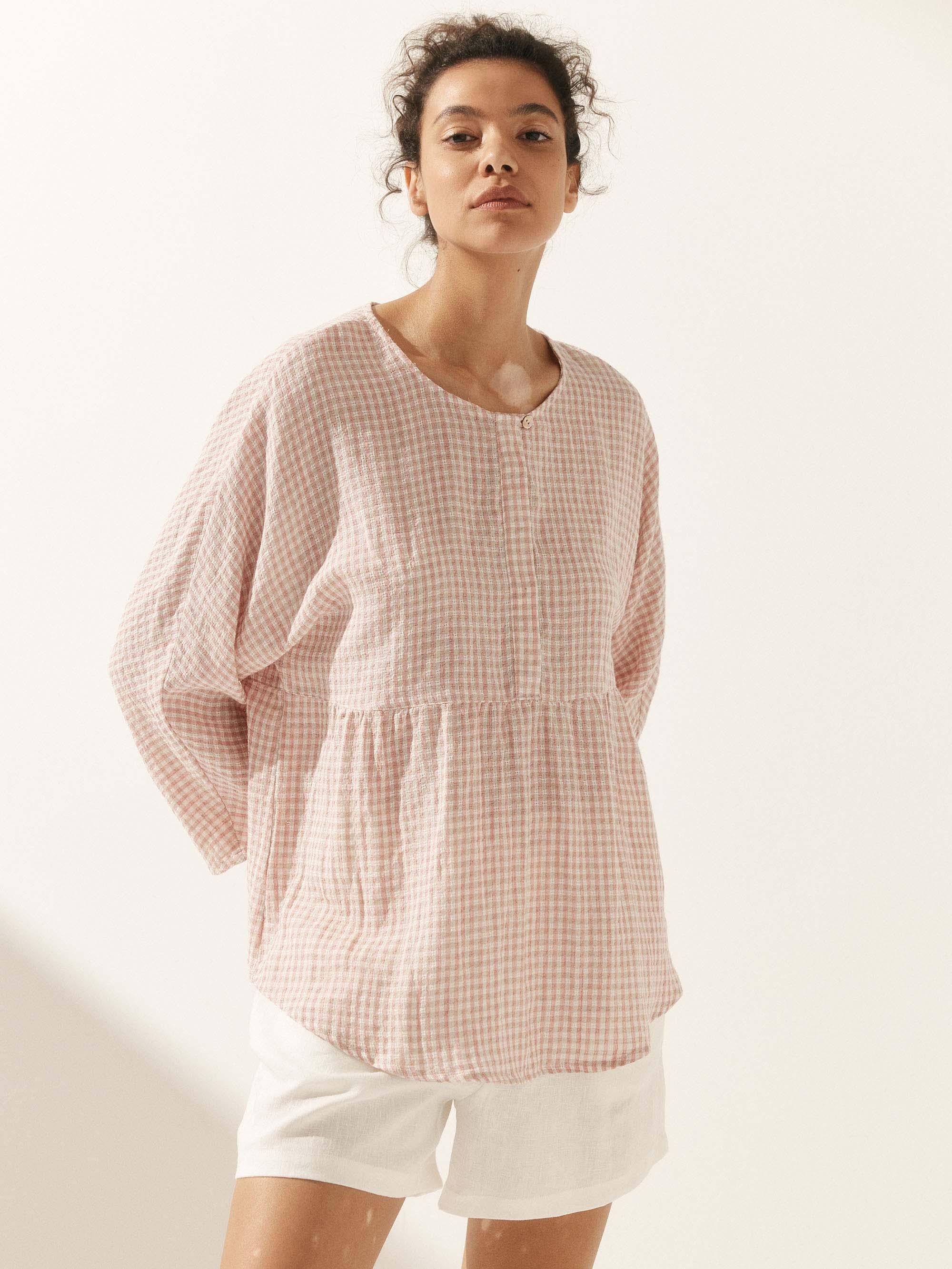 Linen Checked Long-Sleeved Top CAROLINE