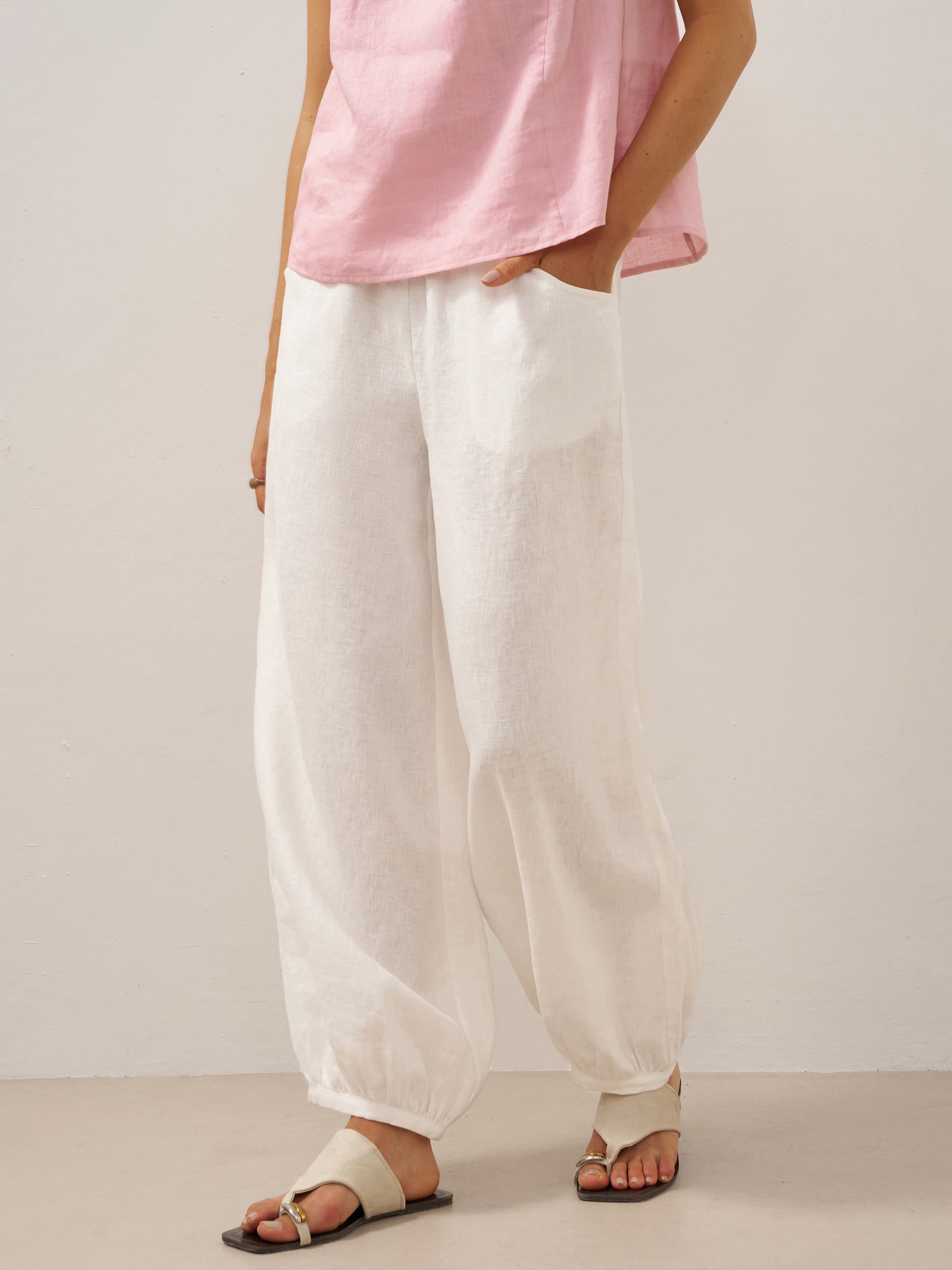 100% Linen Broad Elastic Waistband Pants TALIA