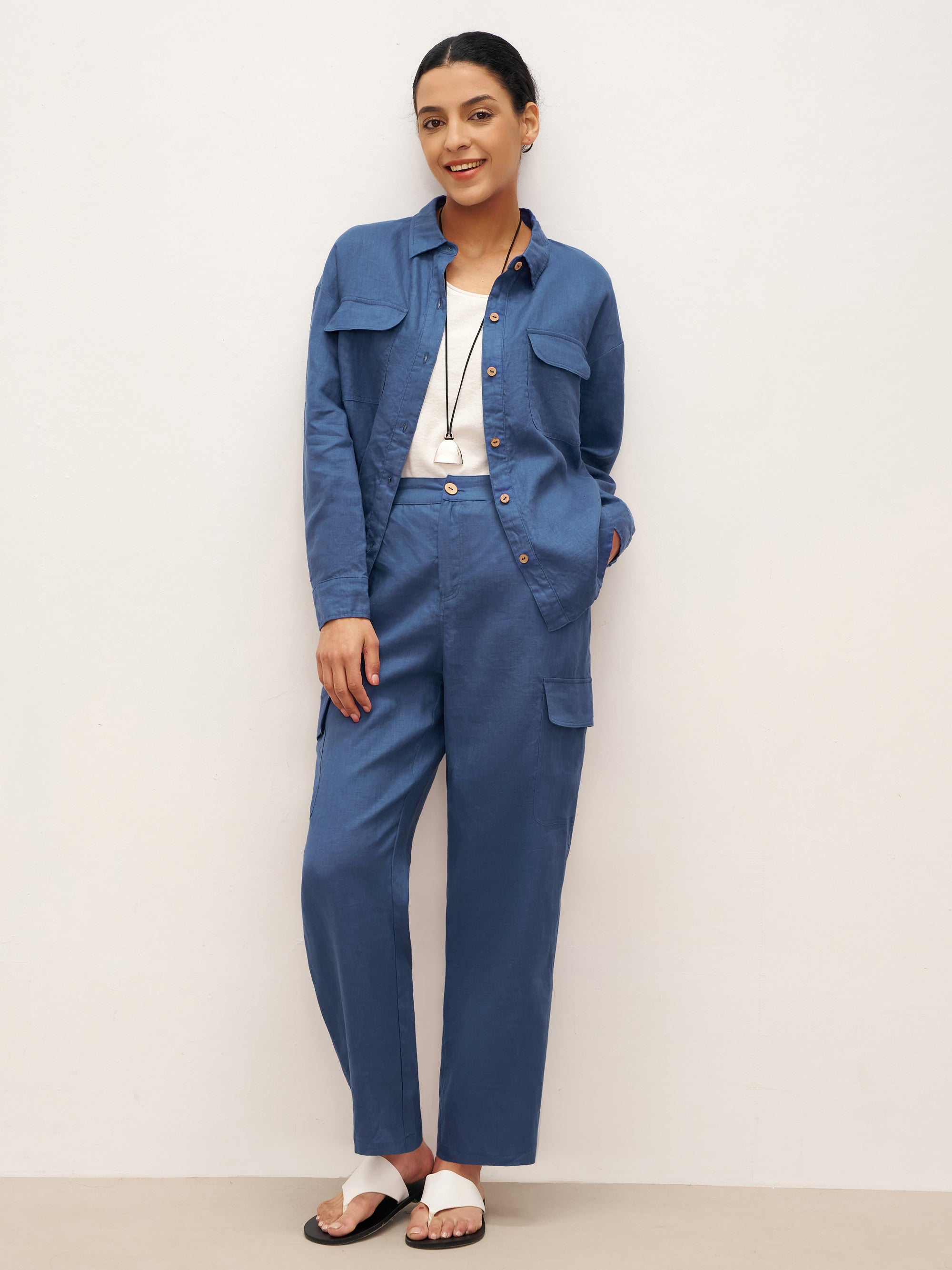 100% Linen Cargo Tapered Trousers with Patch Pockets JESSE