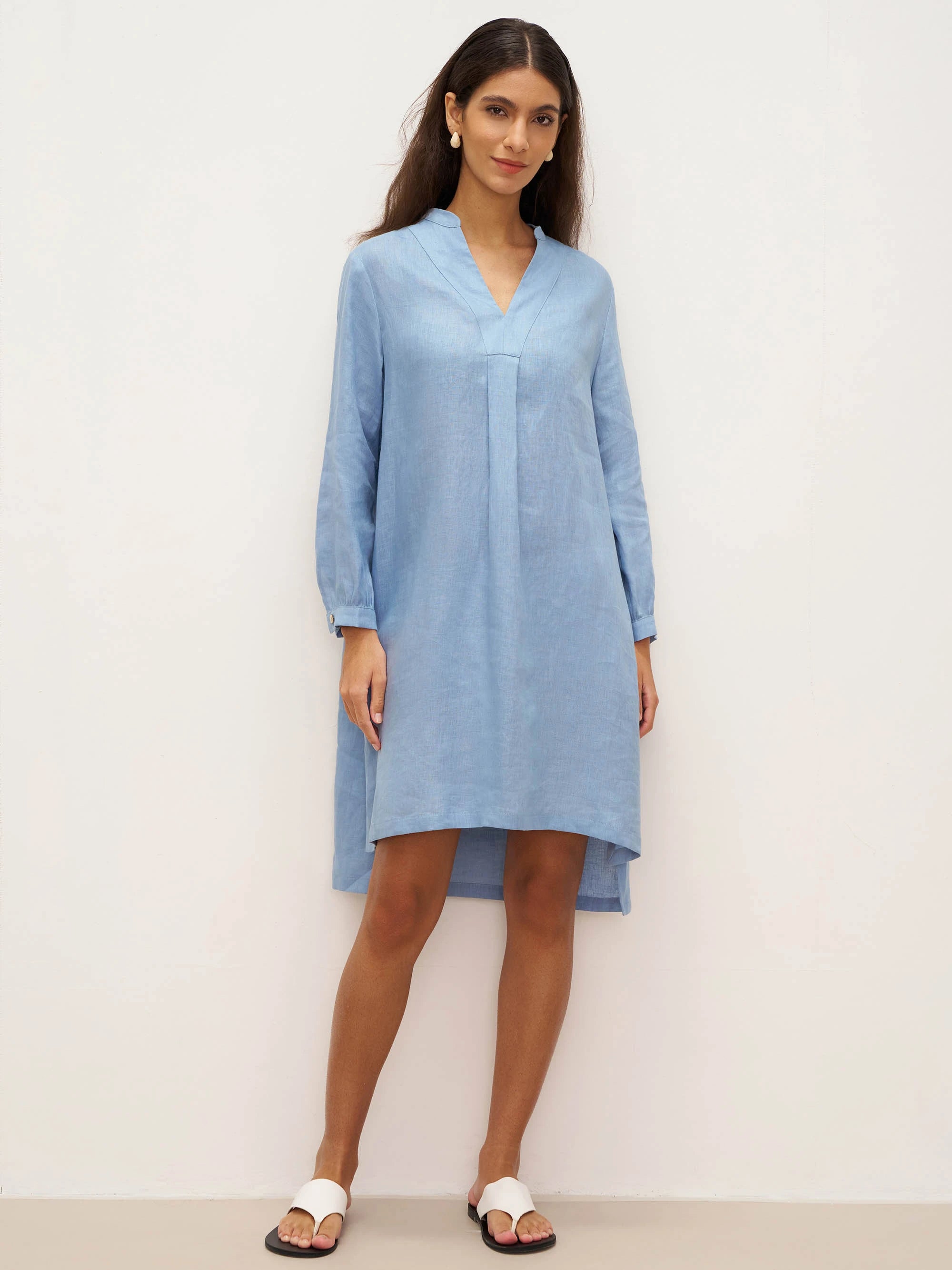 100% Linen V-Neck Pullover Shirt Dress JADEN