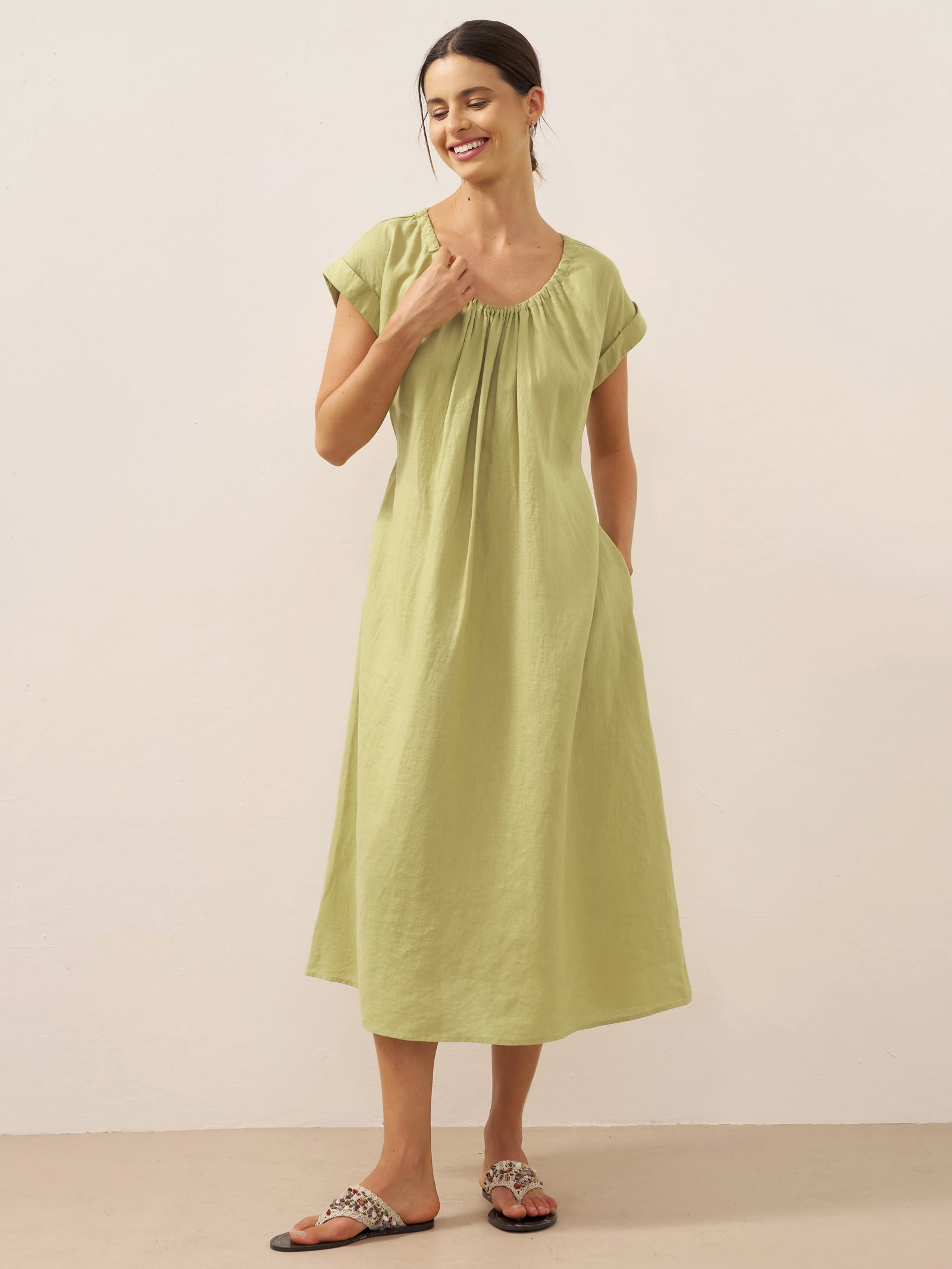 100% Linen Pleated Crew Neck Maxi Dress with Detachable Tie Straps MIRA