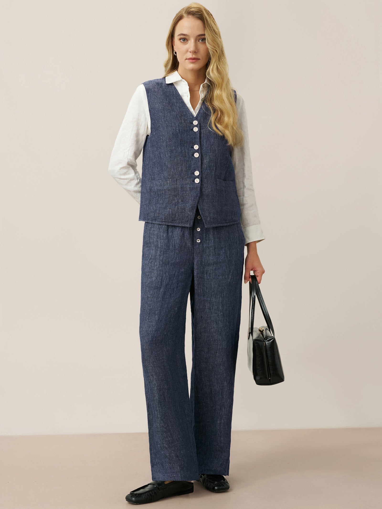 100% Linen Denim Texture Elastic Waist Straight Leg Pants HAZEL