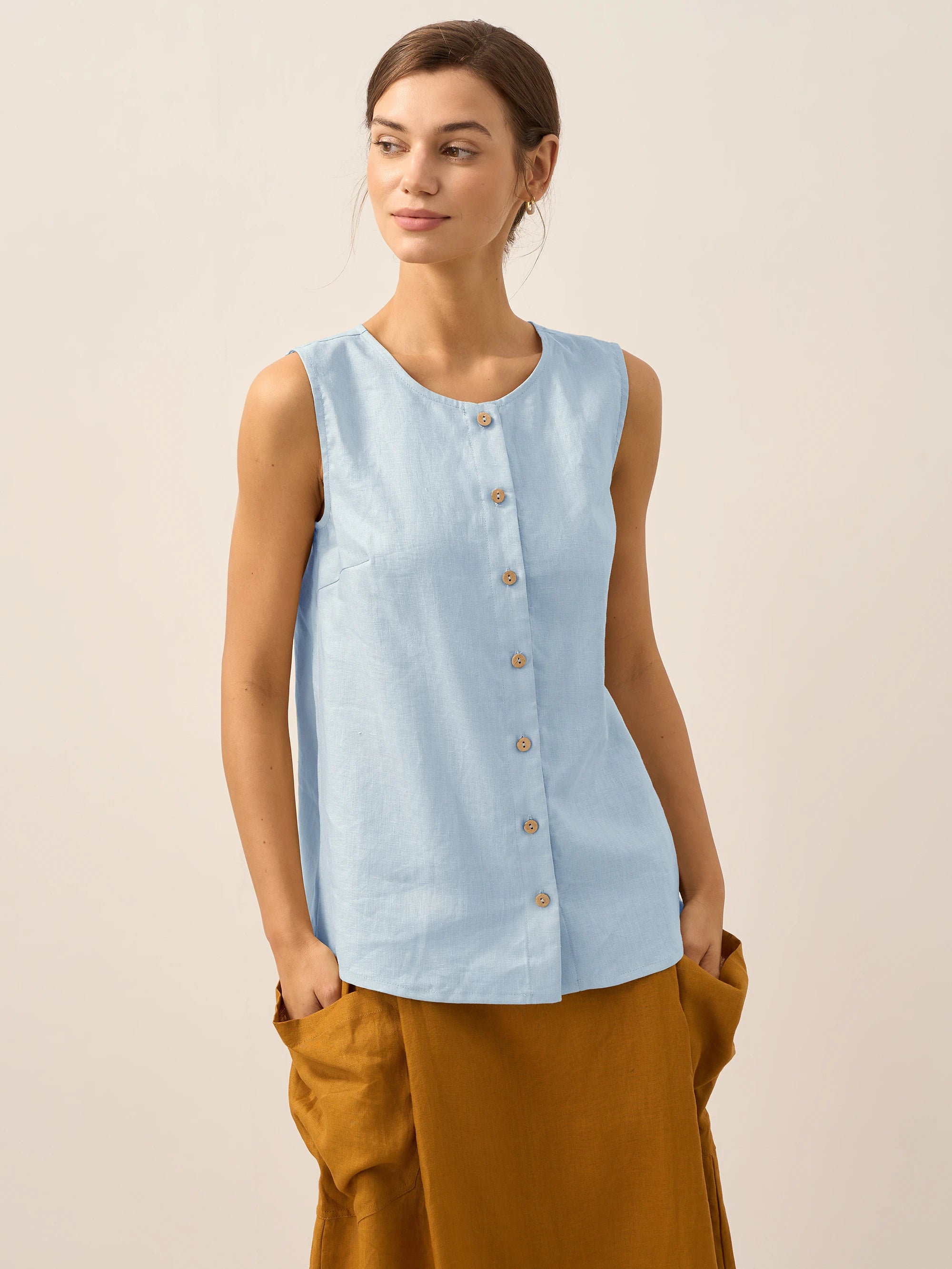 100% Linen Buttons Down Tank Top ERIN