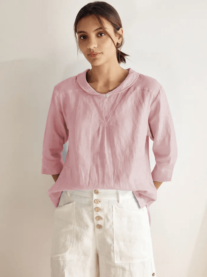 100% Linen Shawl V-Neck Half Sleeve Top JADE