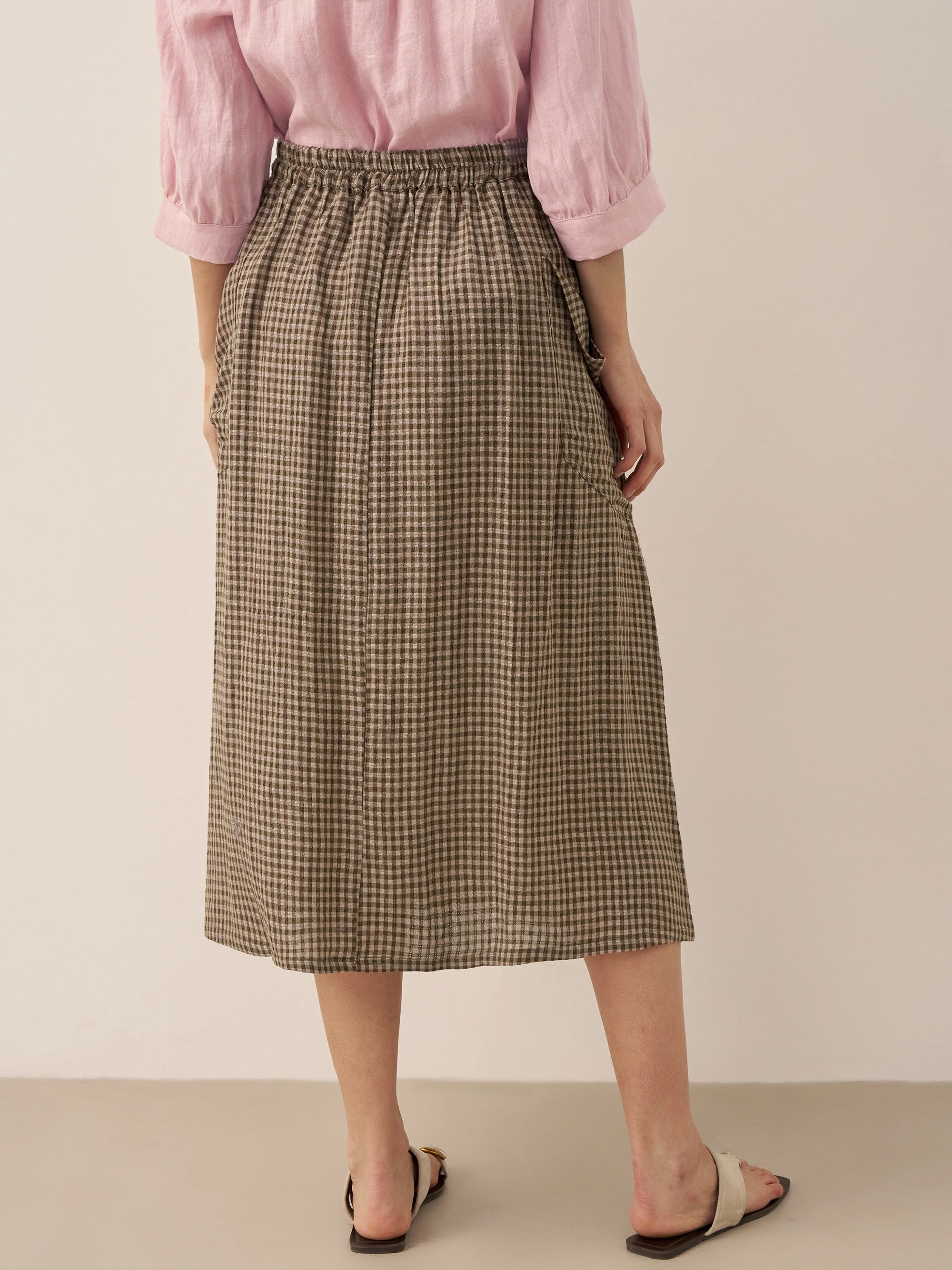 Linen Checked Elastic Waist Skirt ONYX