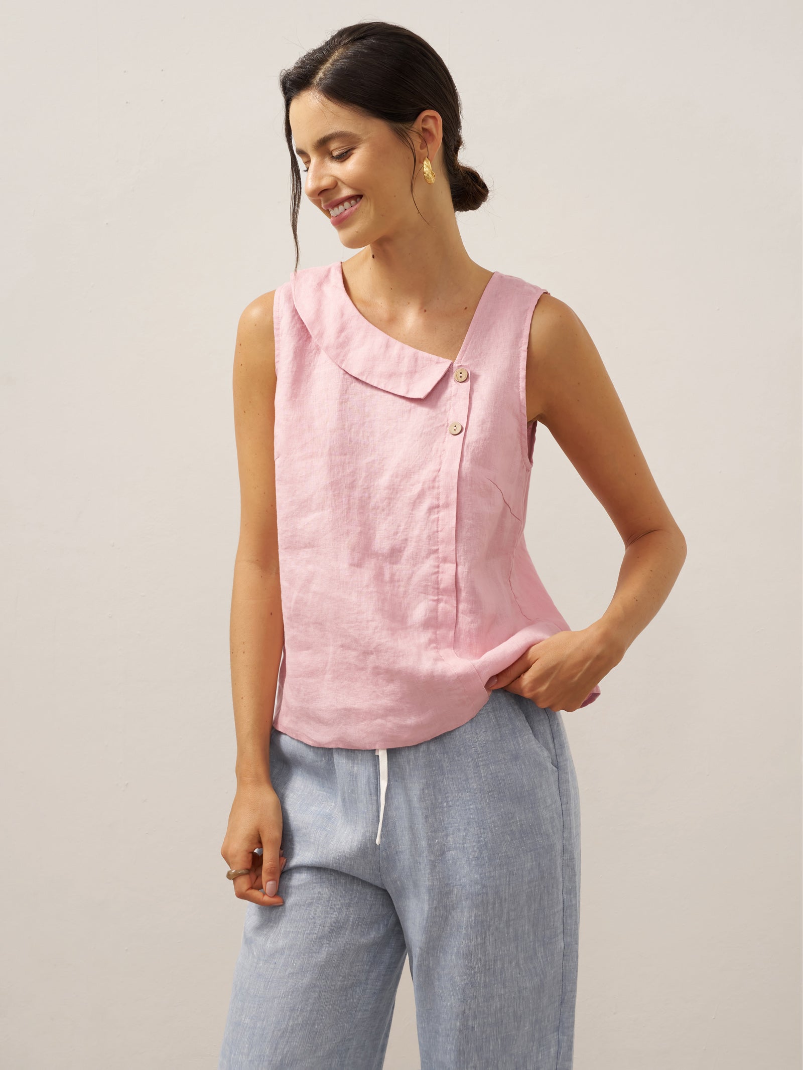 100% Linen Sleeveless Crescent Collar Top KARA