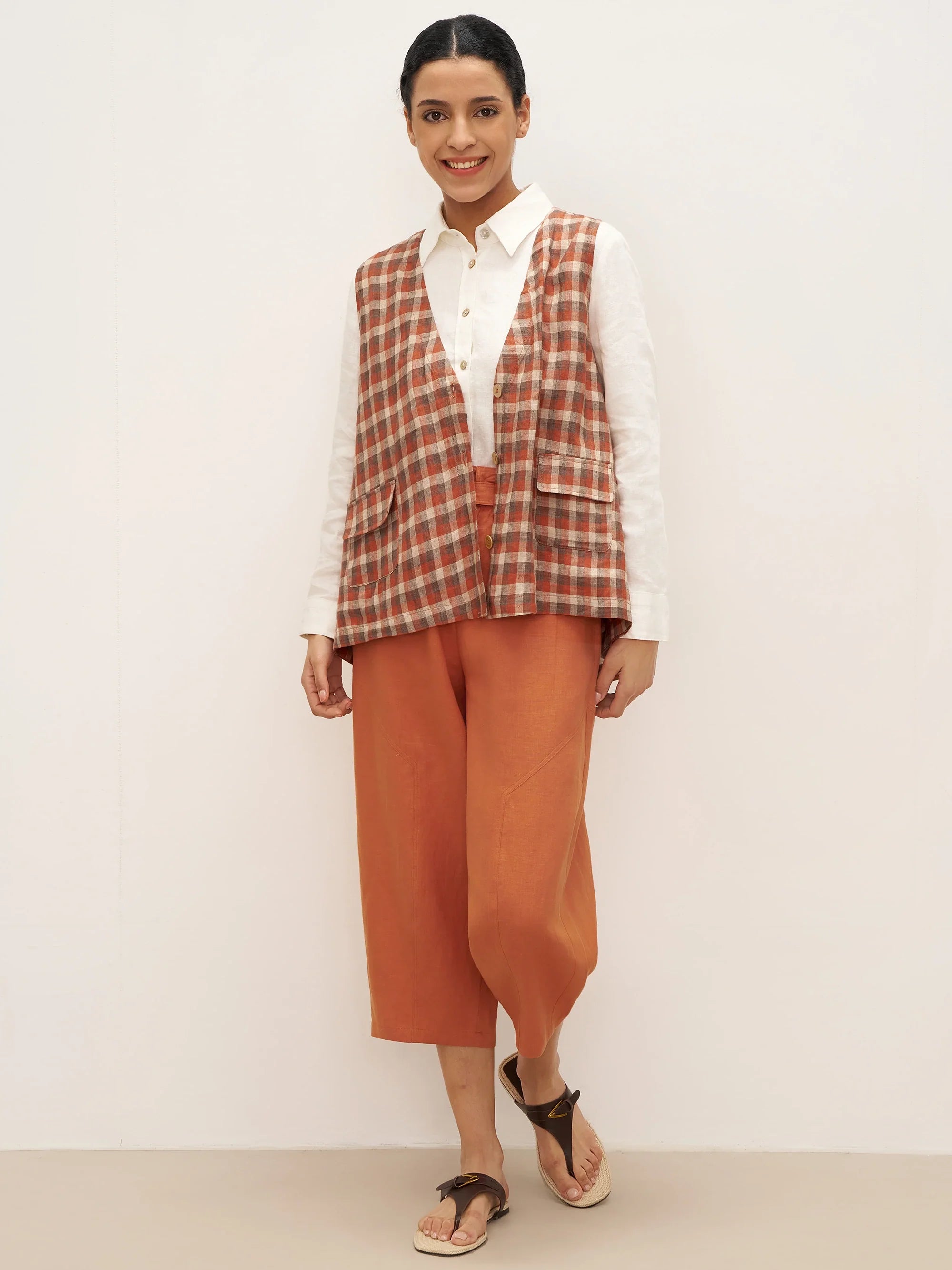 100% Linen V-Neck Checked Oversized Vest DORIS