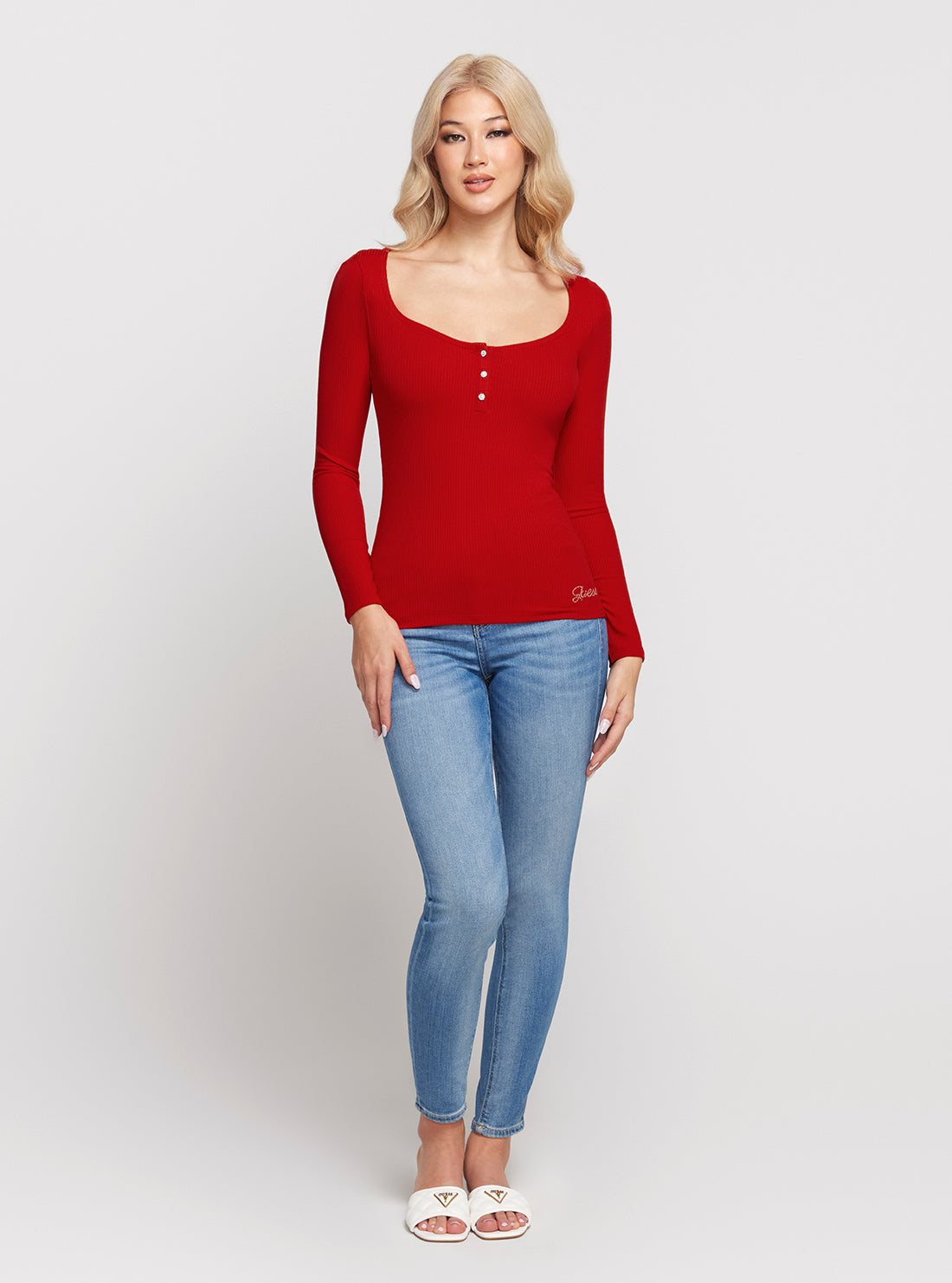 Eco Red Karlee Long Sleeve Button Top