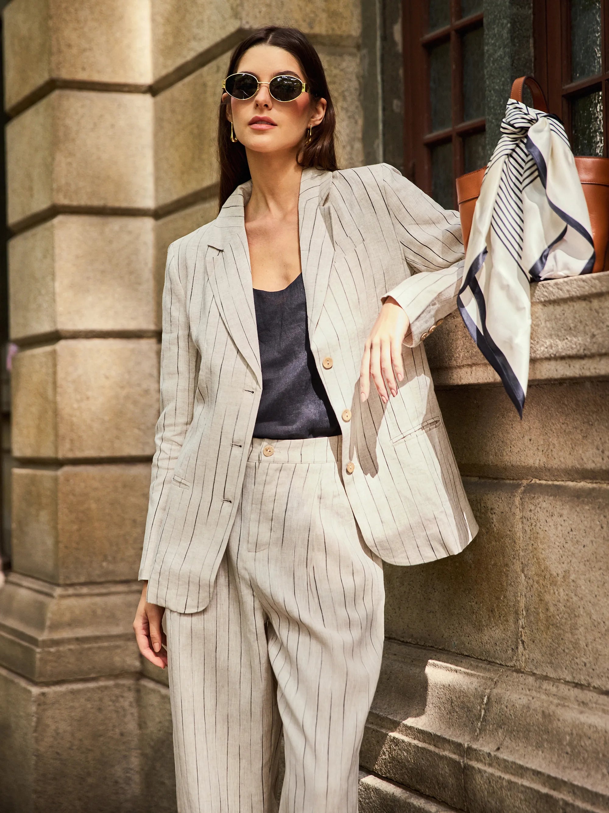 100% Linen Sketch Stripe Suit Set