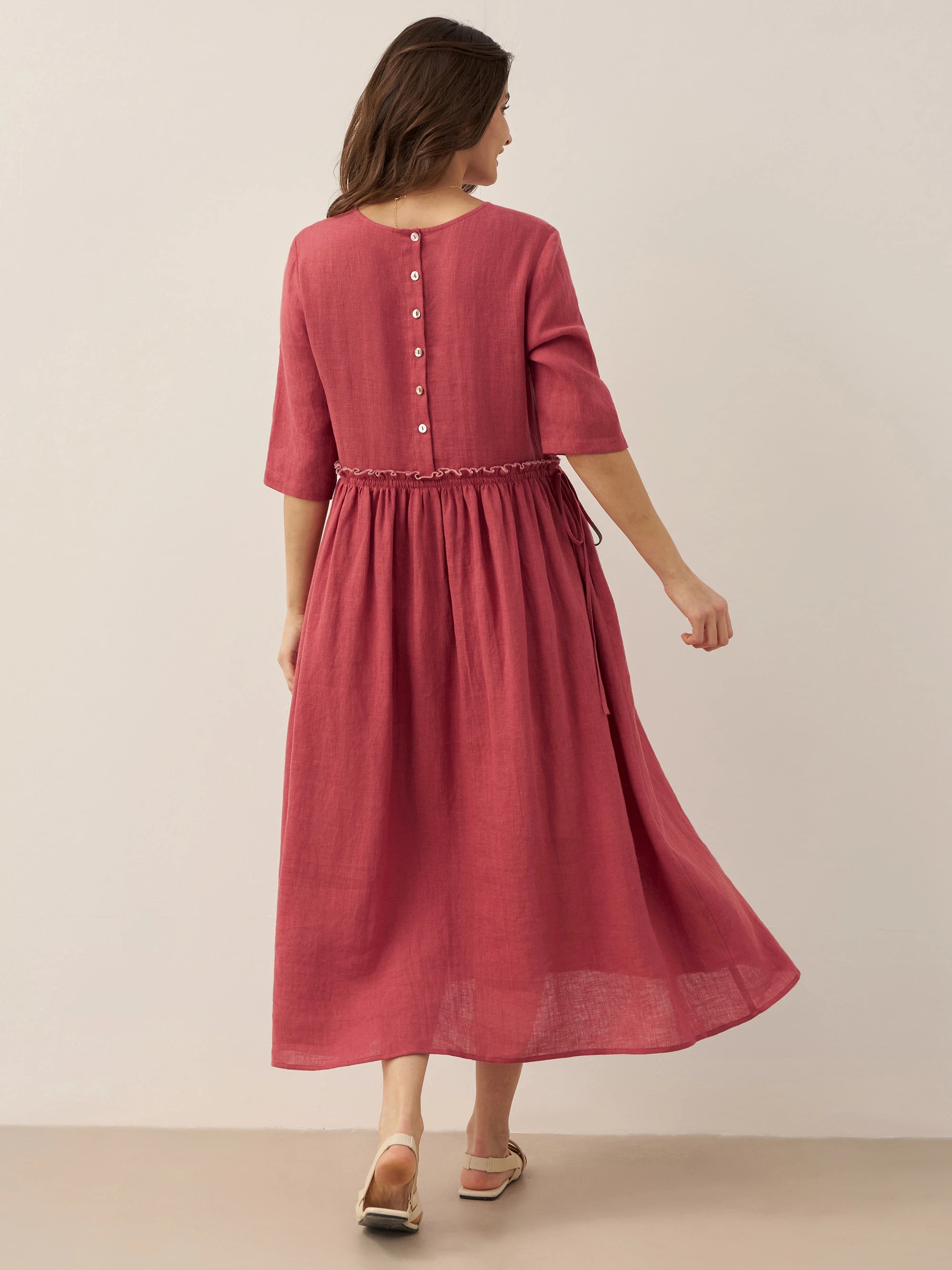 100% Linen Petal-Waist Drawstring Midi Dress JASMINE