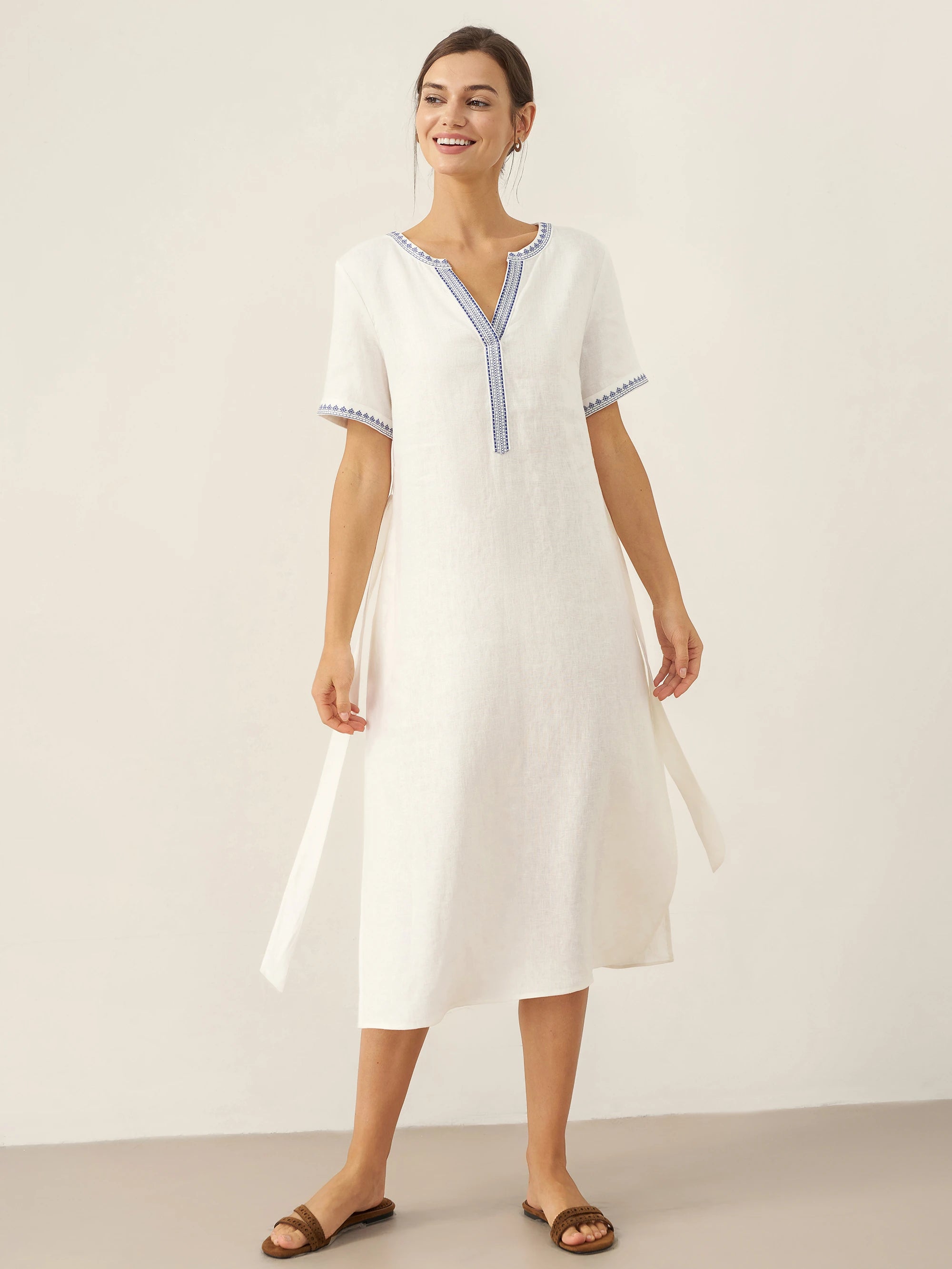 100% Linen Embroidered V-Neck Midi Dress with Belt FELLIS