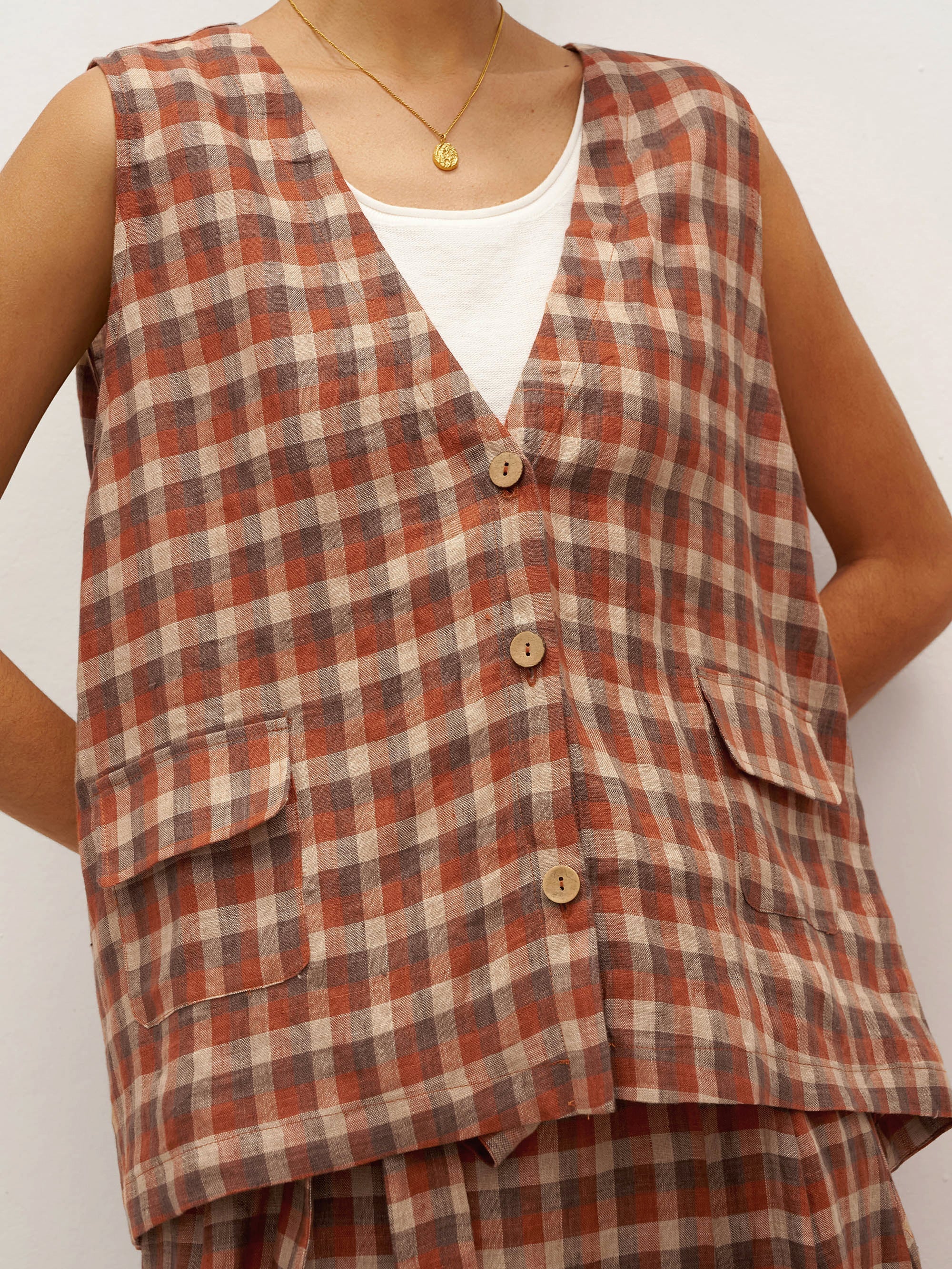 100% Linen V-Neck Checked Oversized Vest DORIS