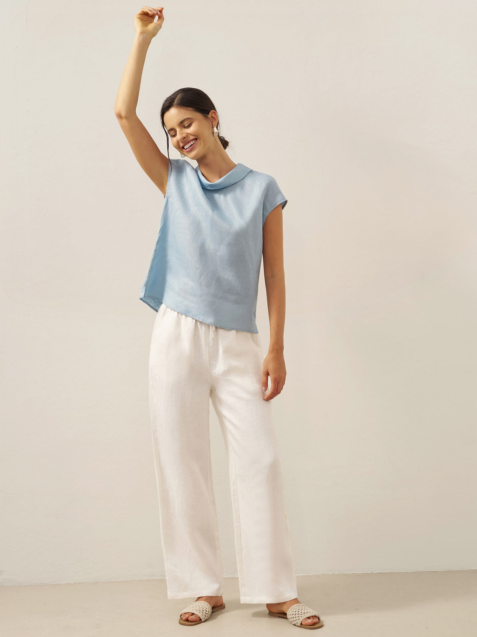 100% Linen Cap Sleeve Soft-Fold Collar Top YVONNE