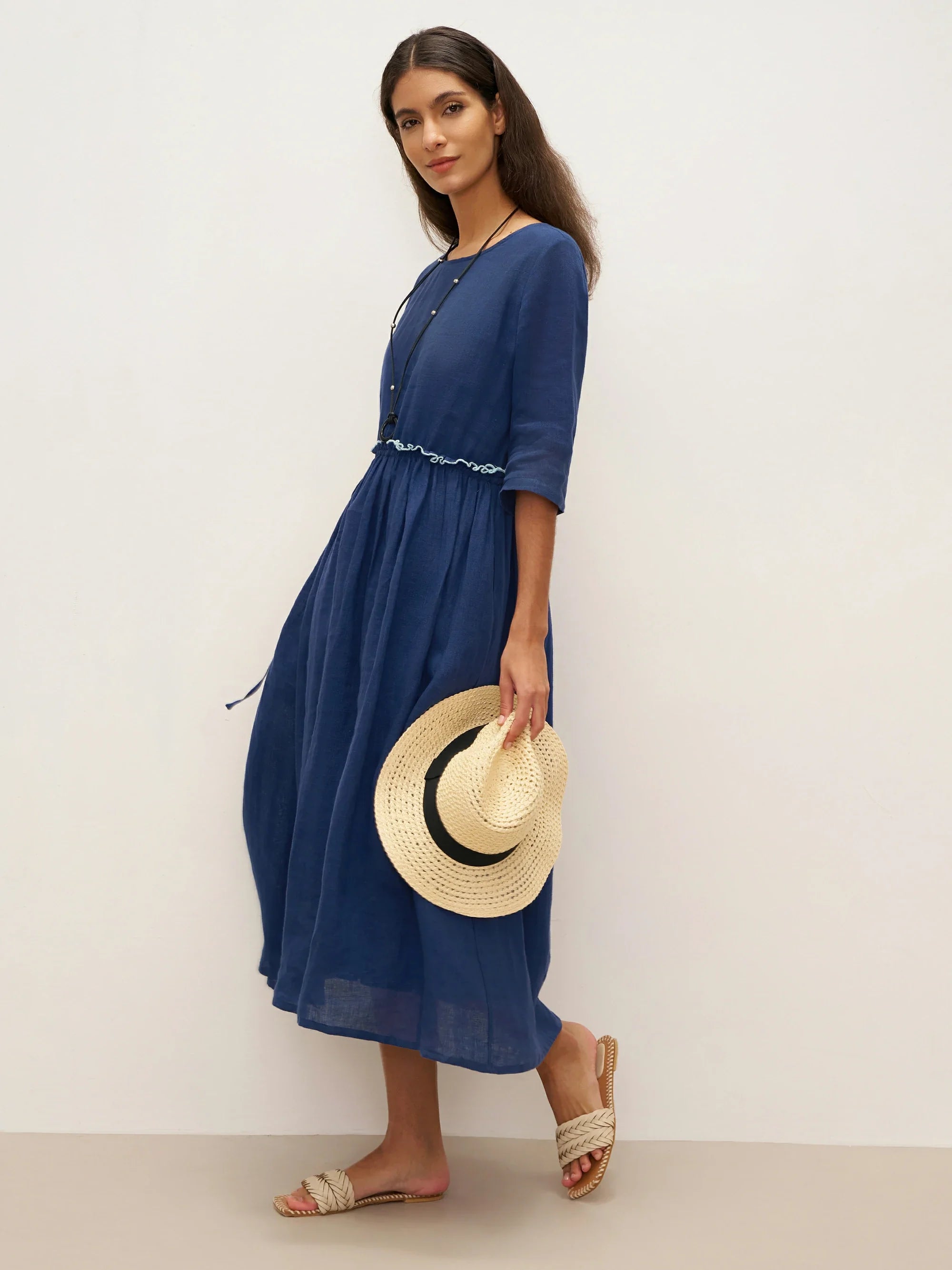 100% Linen Petal-Waist Drawstring Midi Dress JASMINE