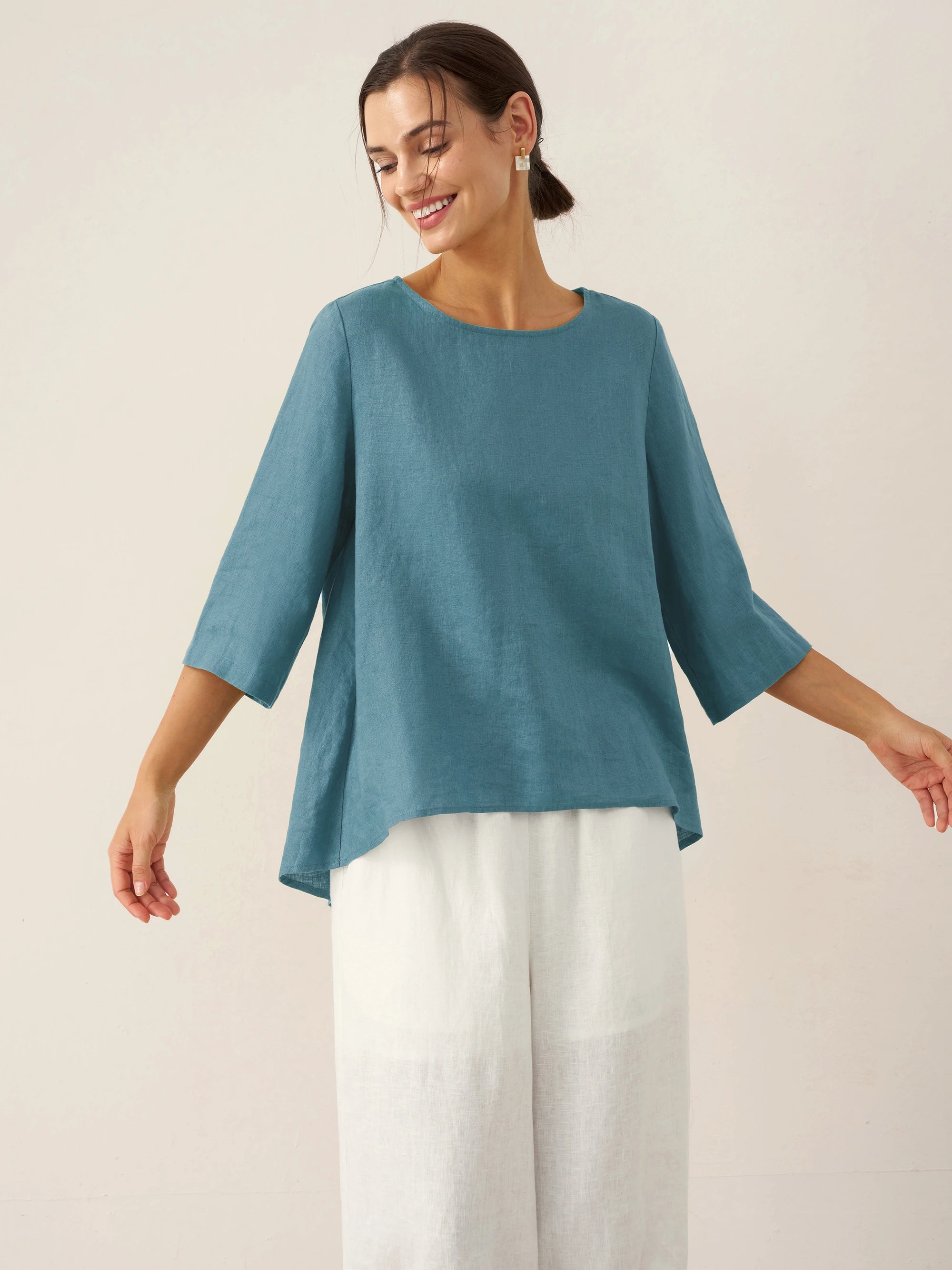 100% Linen Round Neck Asymmetrical Hem Top BRIANNA