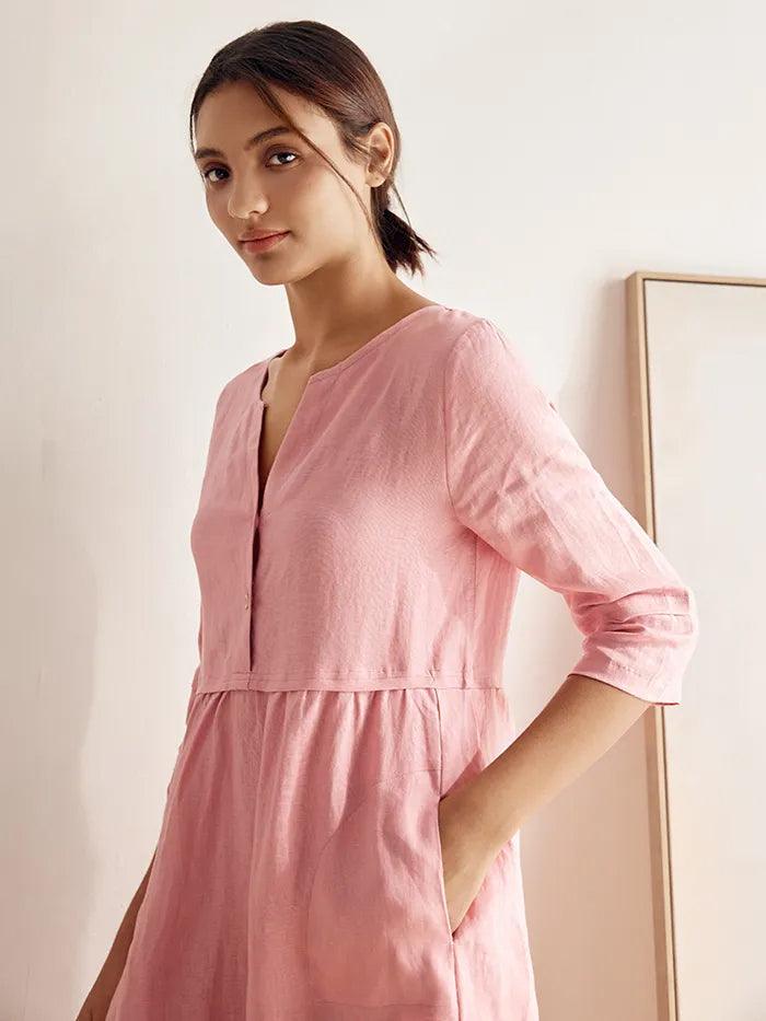 100% Linen Loose Fit Button Waist Gathered Maxi Dress LUNA