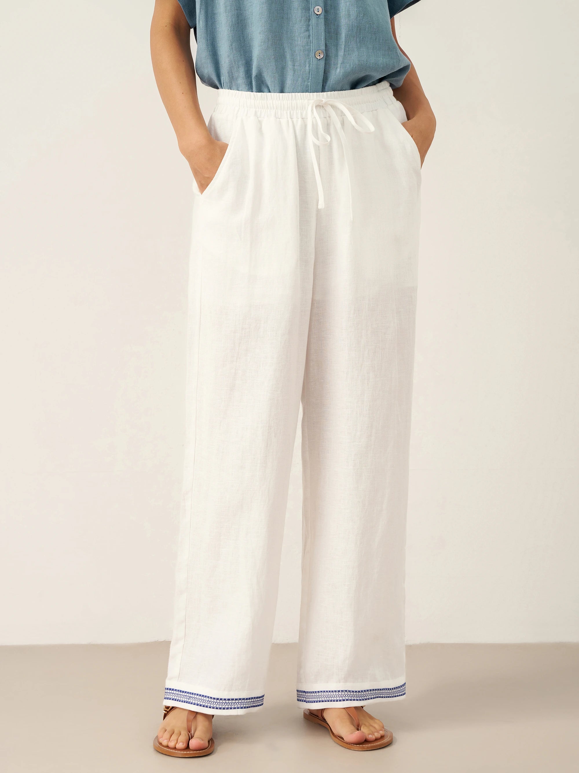 100% Linen Embroidered Elastic Waist Pants FENE