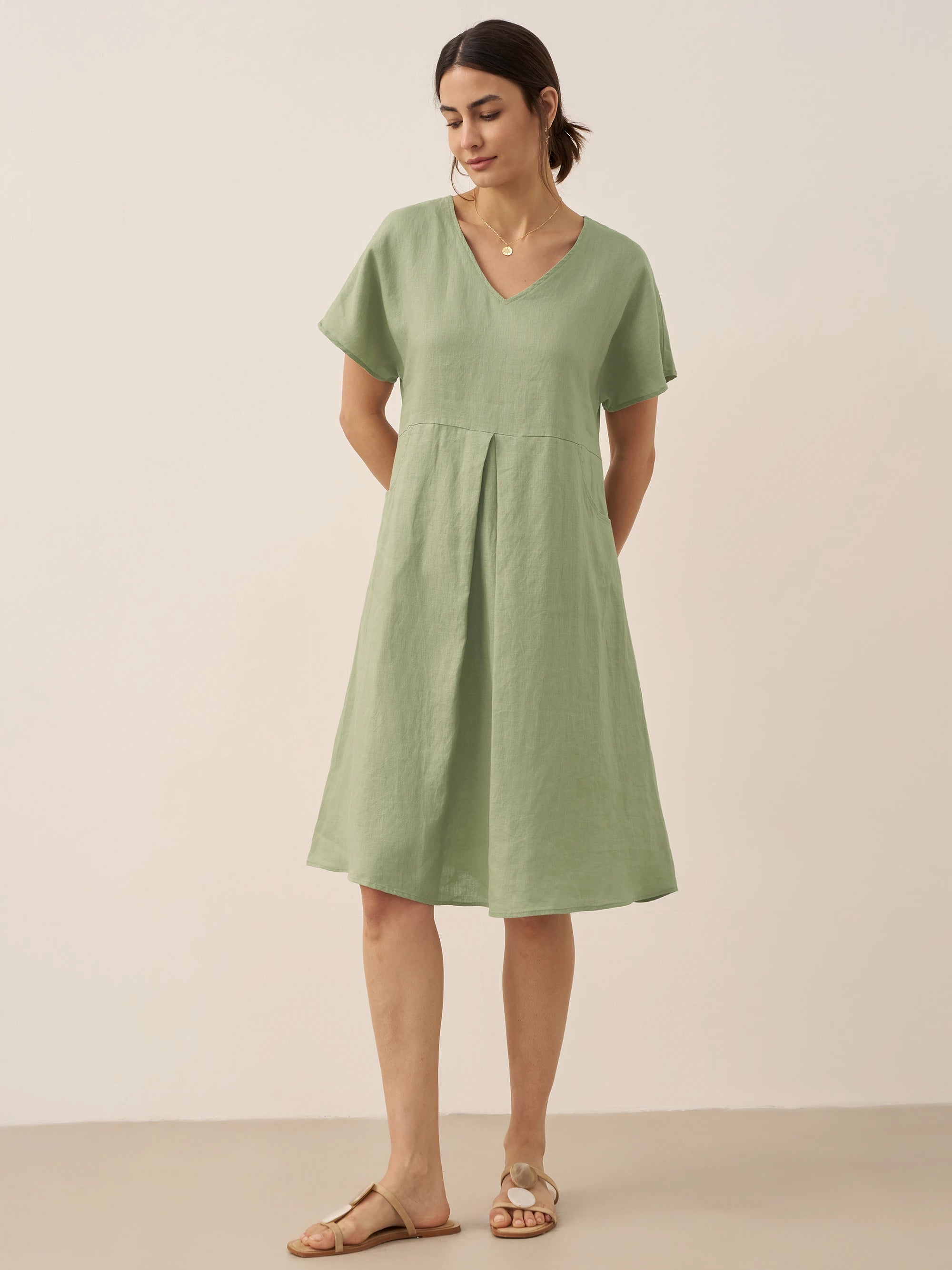 100% Linen V-Neck Pockets Swing Dress AINSLEY