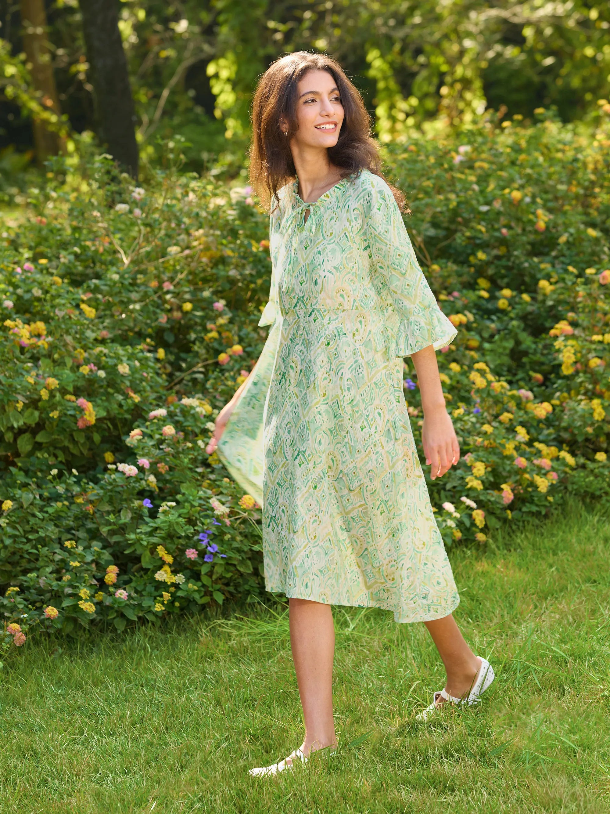 100% Linen A-Line Ruffled Collar Tie-Neck Midi Dress LIVIA