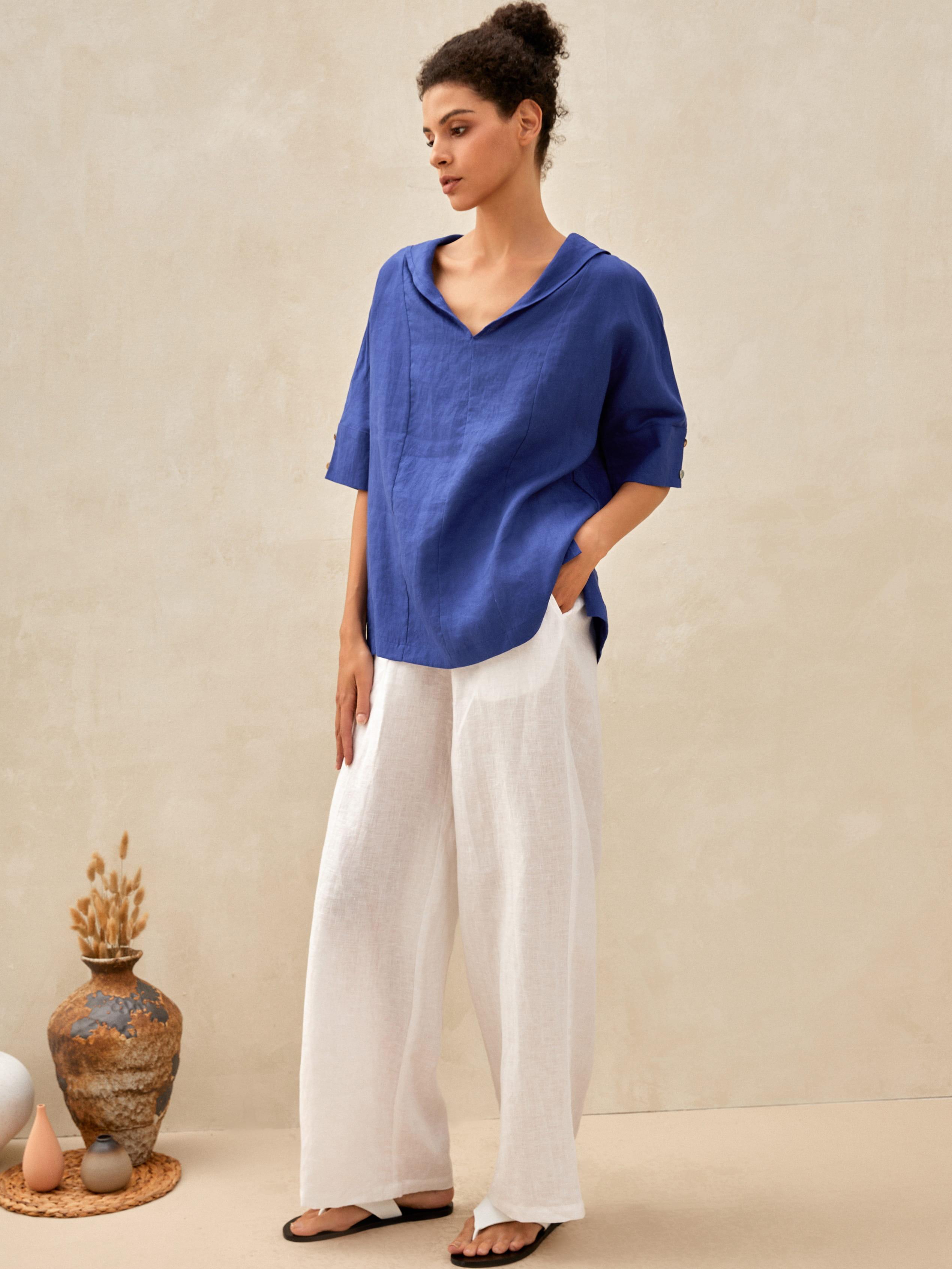 100% Linen V-Neck Short Sleeve Shirt