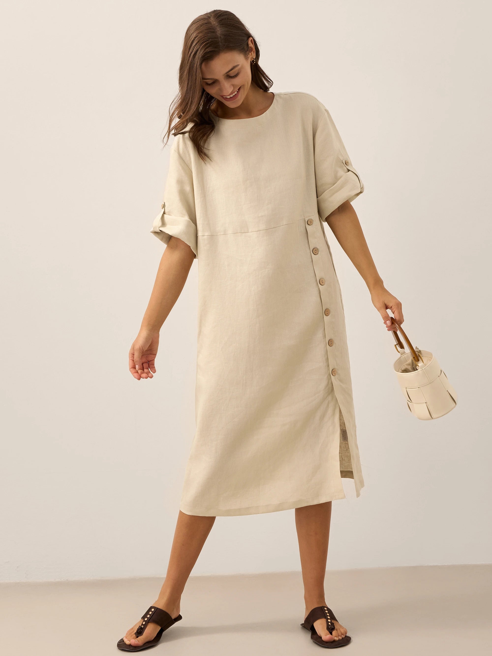 100% Linen Round Neck Button Detail Midi Dress JELENA