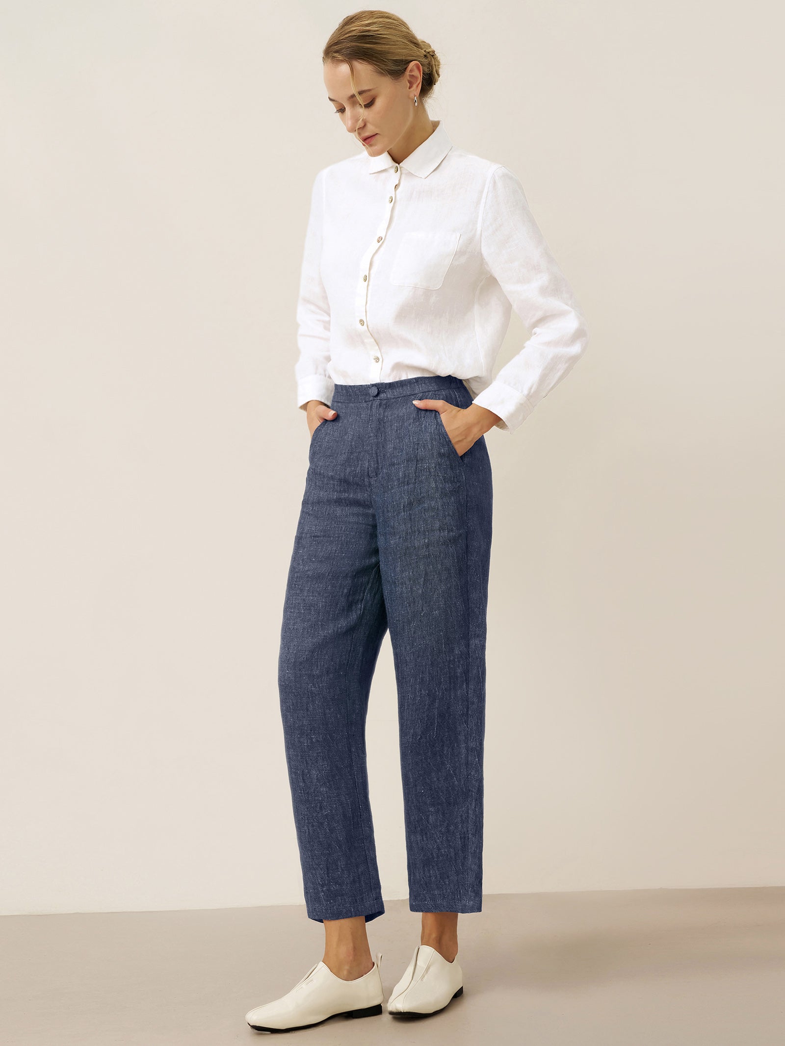 100% Linen Denim Texture Tapered Pants LAYLA