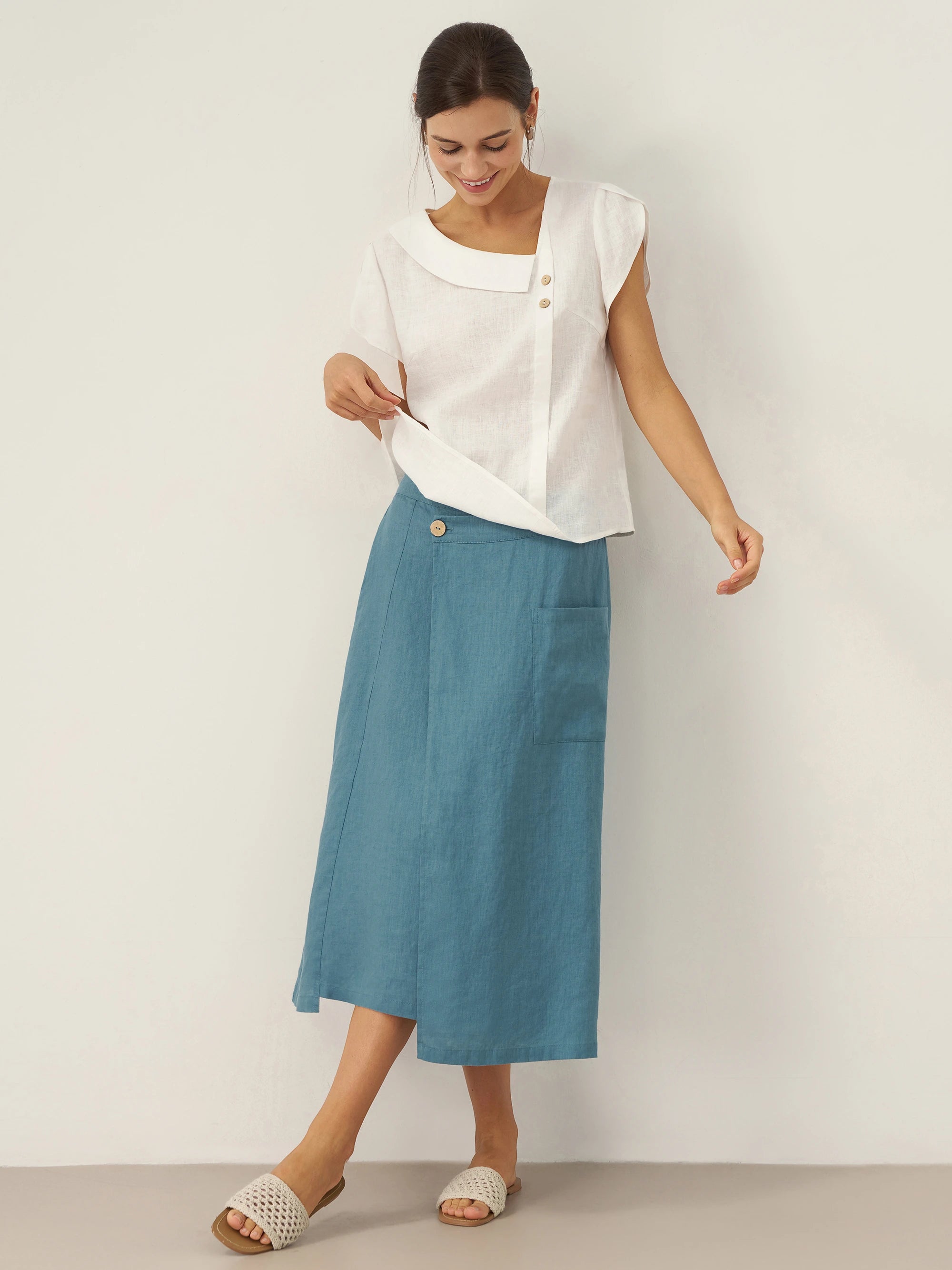 100% Linen Crescent Collar Flutter Sleeve Top FARA