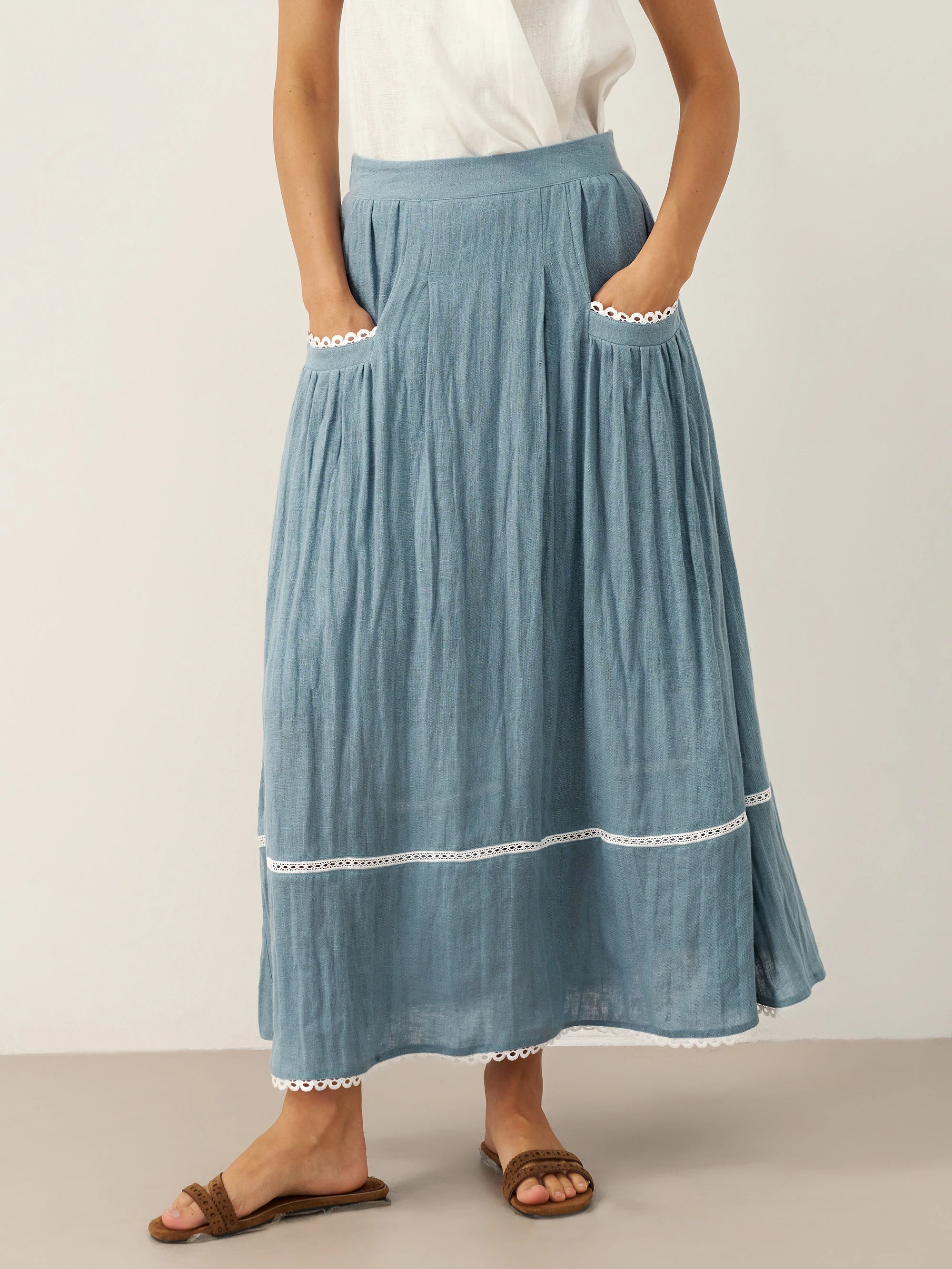 100% Linen Lace-Up Pocket Skirt FENLA