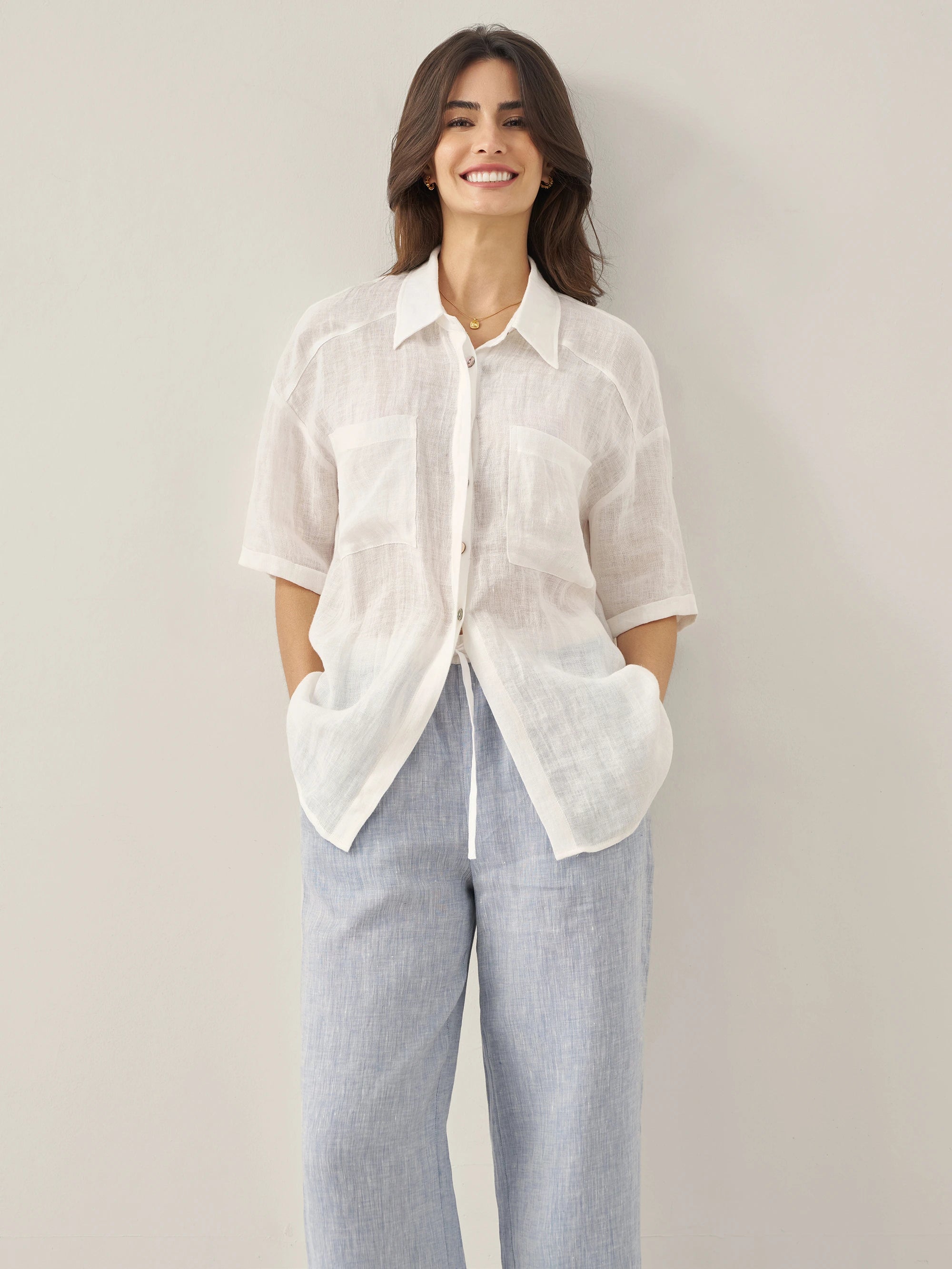100% Linen Pocket Detail Button-Front Shirt CLARA