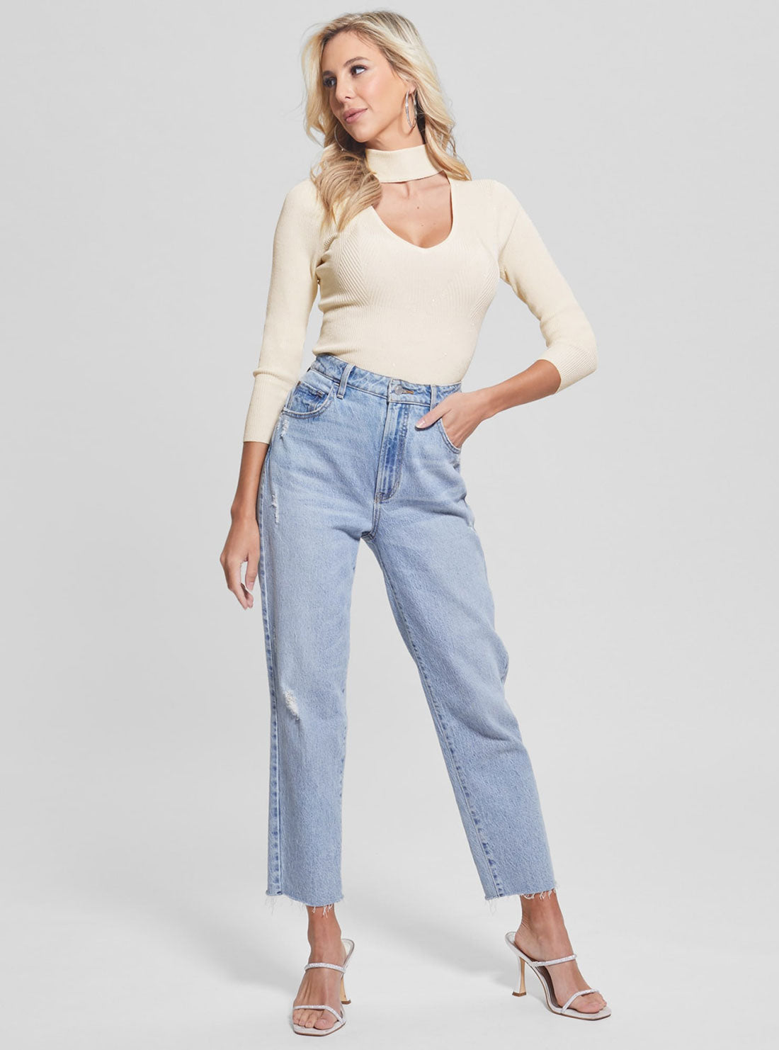 Cream White Multi Sequin Rib Knit Top