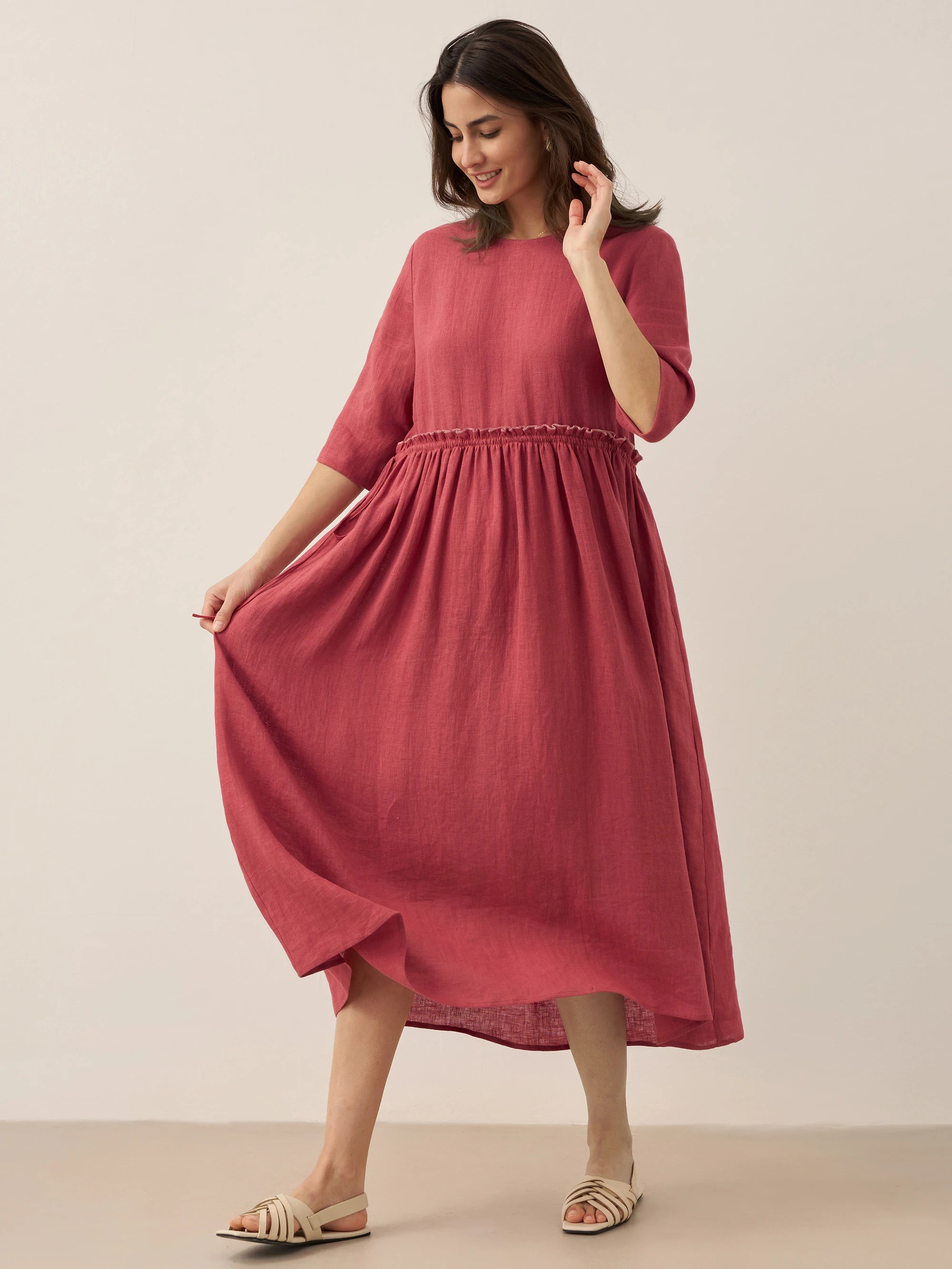 100% Linen Petal-Waist Drawstring Midi Dress JASMINE