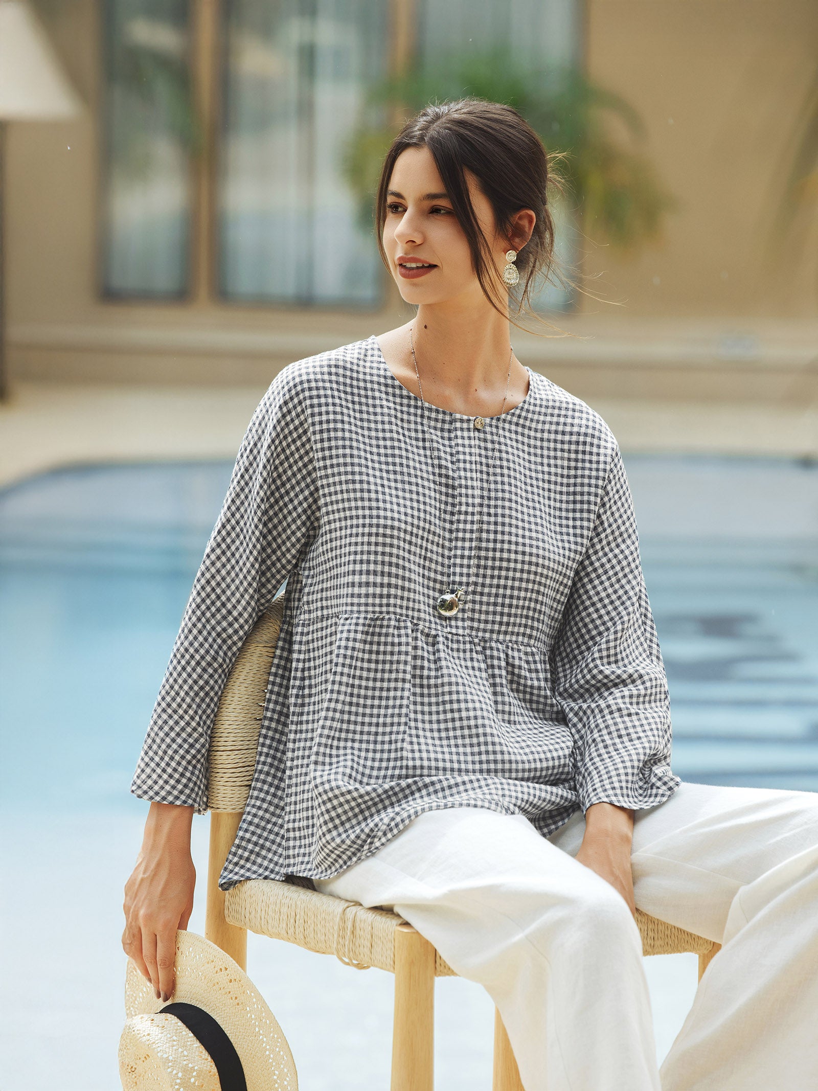 Linen Checked Long-Sleeved Top CAROLINE