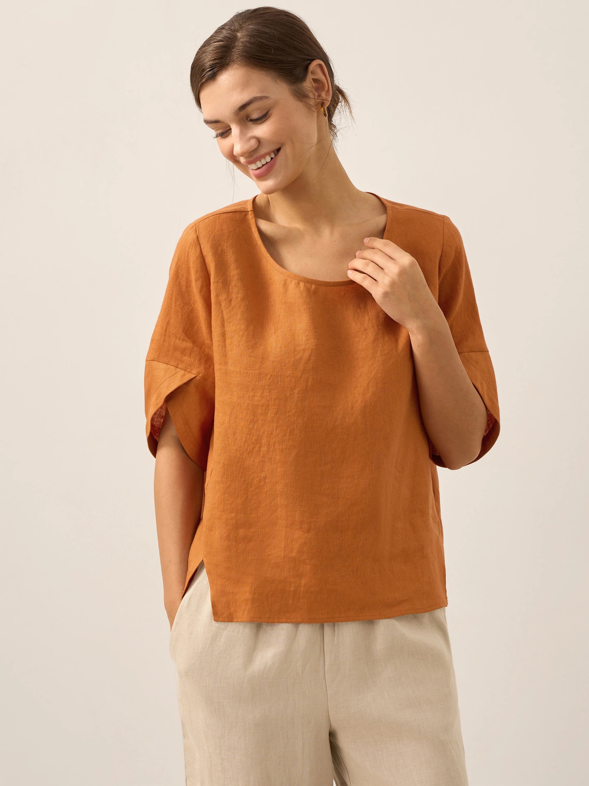 100% Linen Round Neck Petal-Sleeve Pullover LAUREL