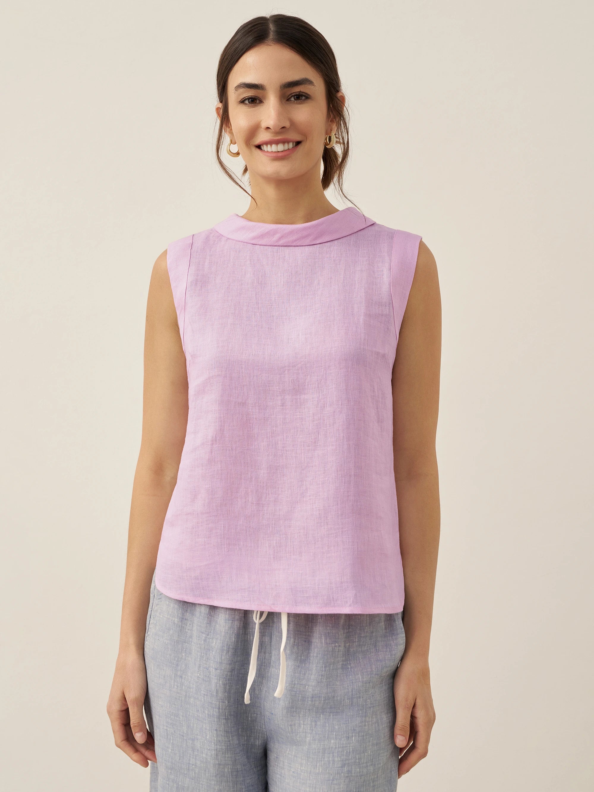 100% Linen Draped Collar Tank Top JACQUELINE
