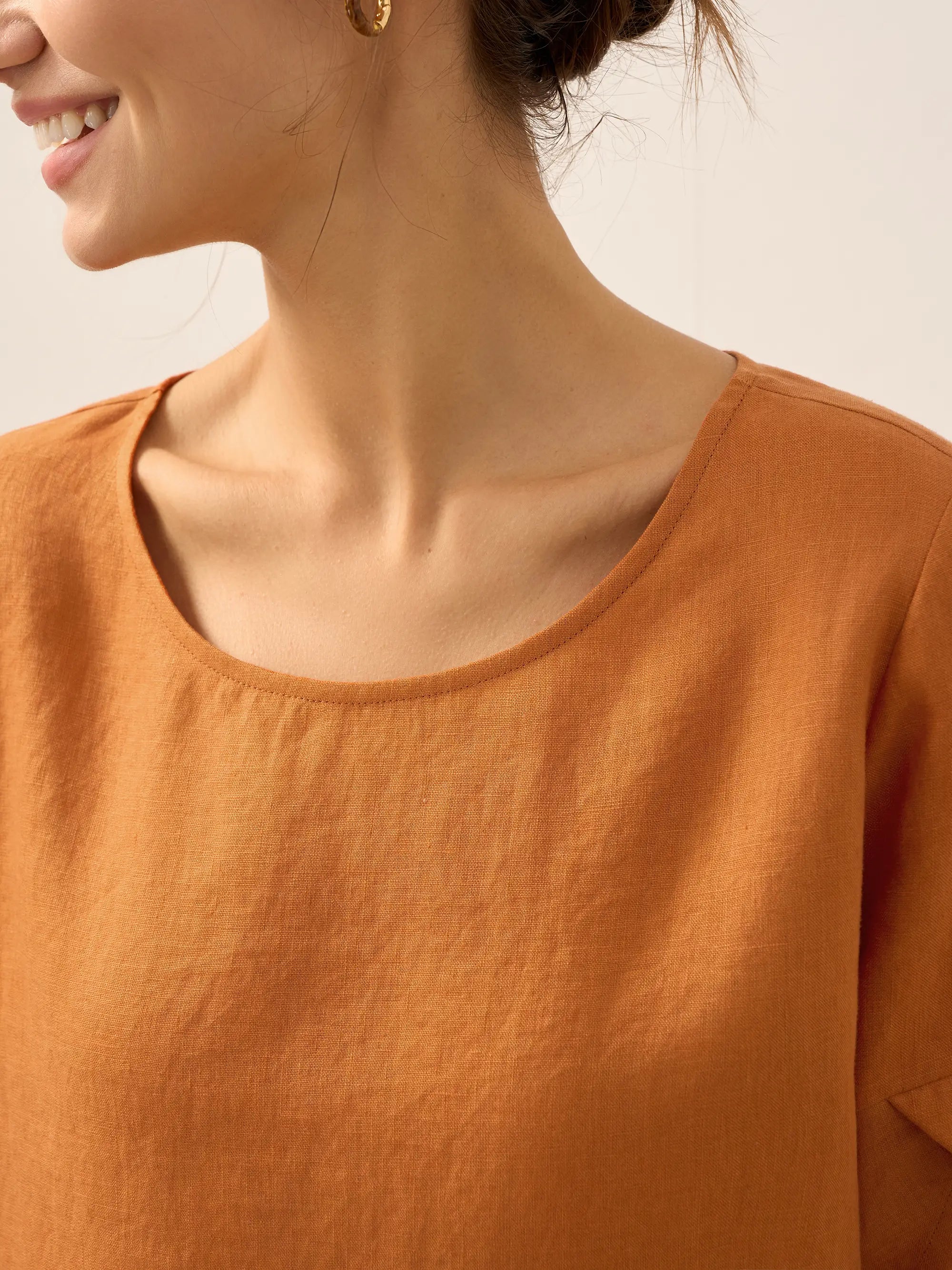 100% Linen Round Neck Petal-Sleeve Pullover LAUREL