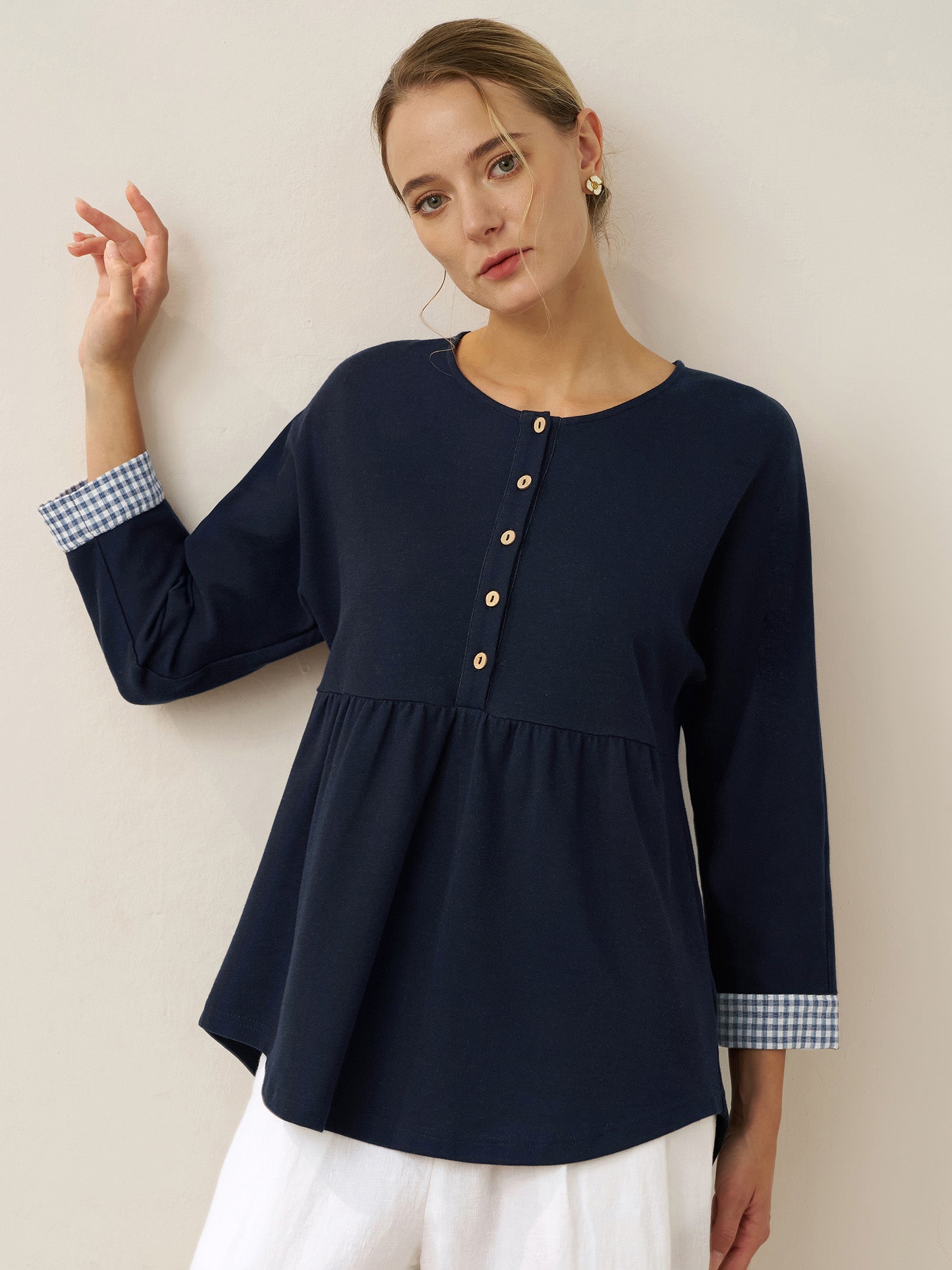 Cotton Patchwork Cuff Button Decor Top AUDREY