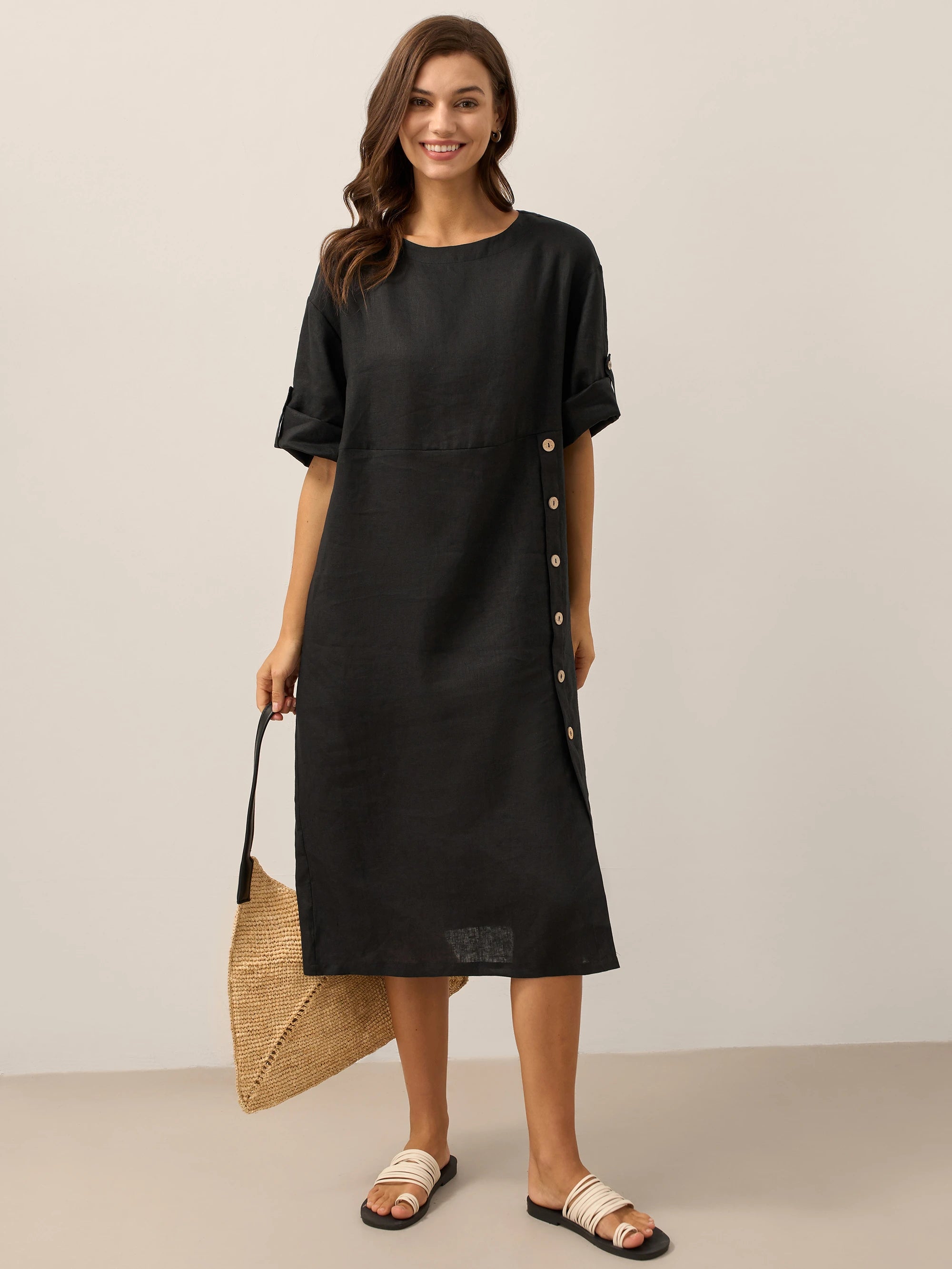 100% Linen Round Neck Button Detail Midi Dress JELENA