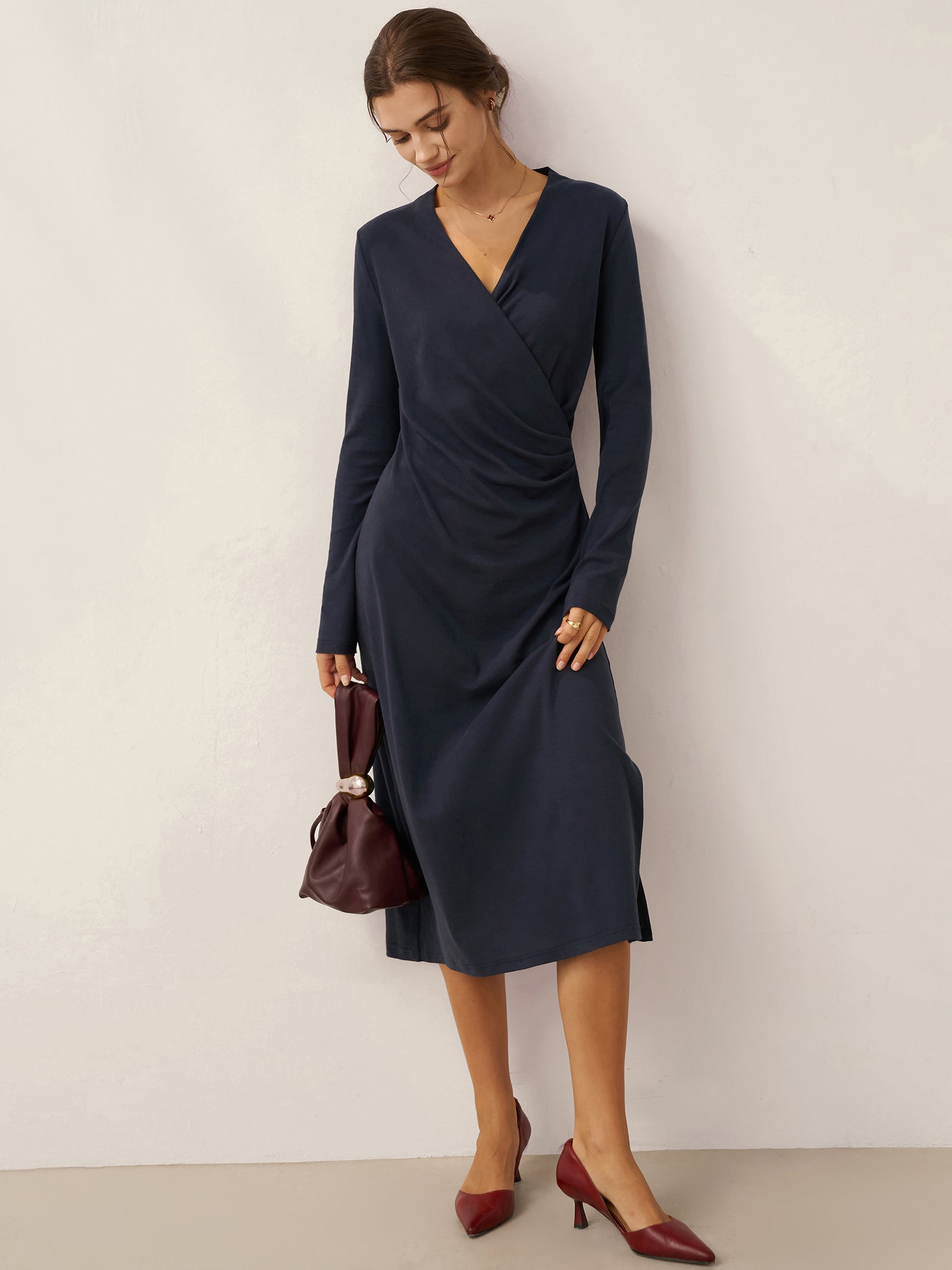 Linen Crossover V-Neck Wrap Stretch Midi Dress MARNIE