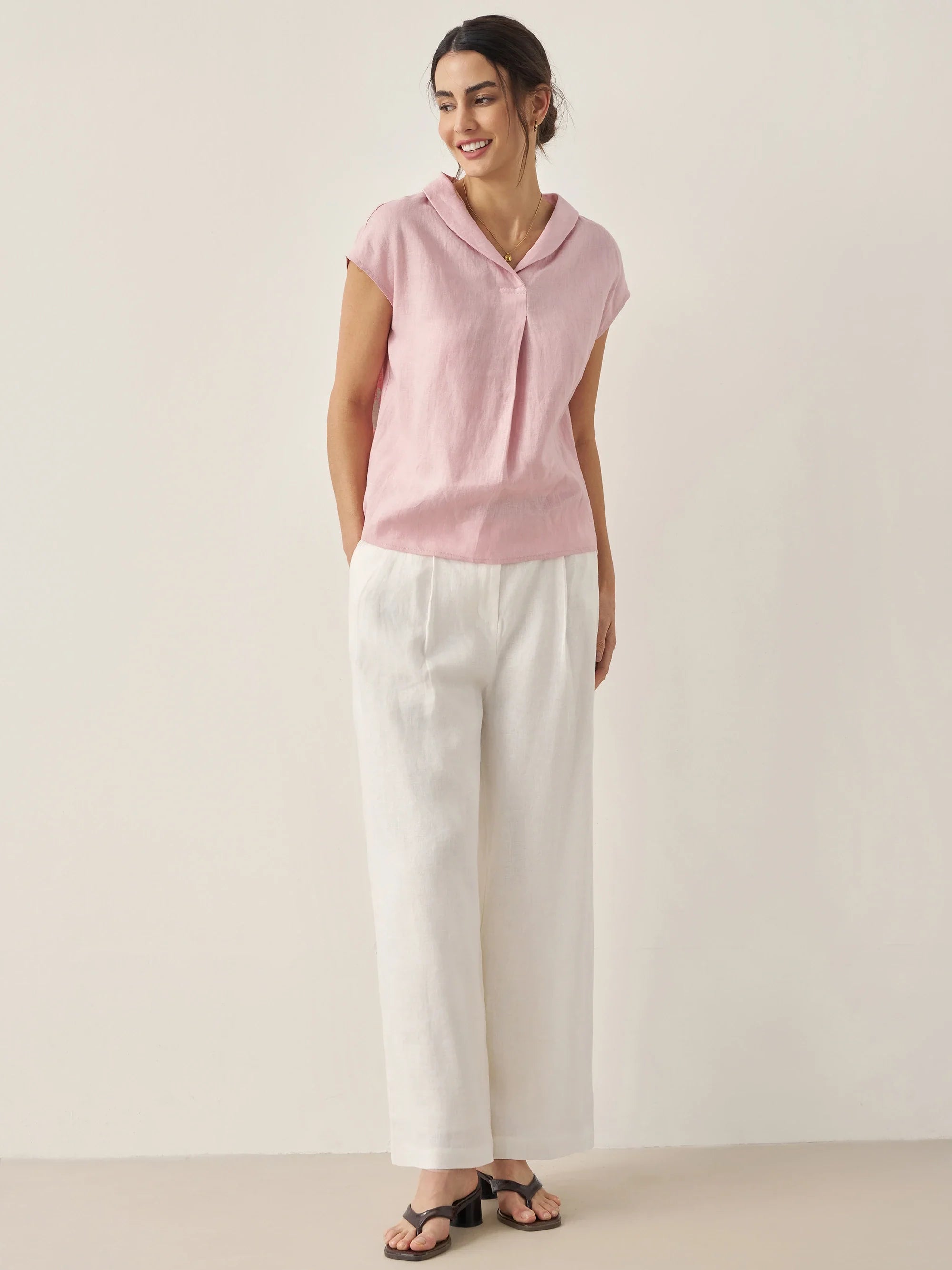 100% Linen Shawl V-Neck Cap Sleeves Top ELARA