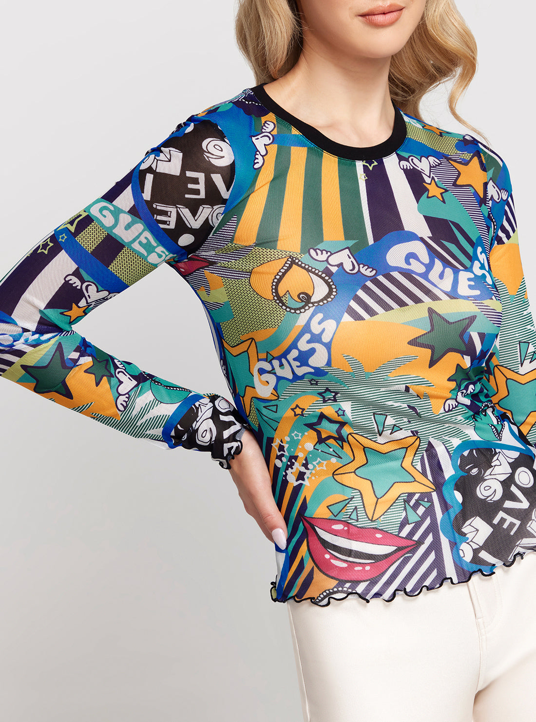 Pop Print Long Sleeve Mesh Dora Top