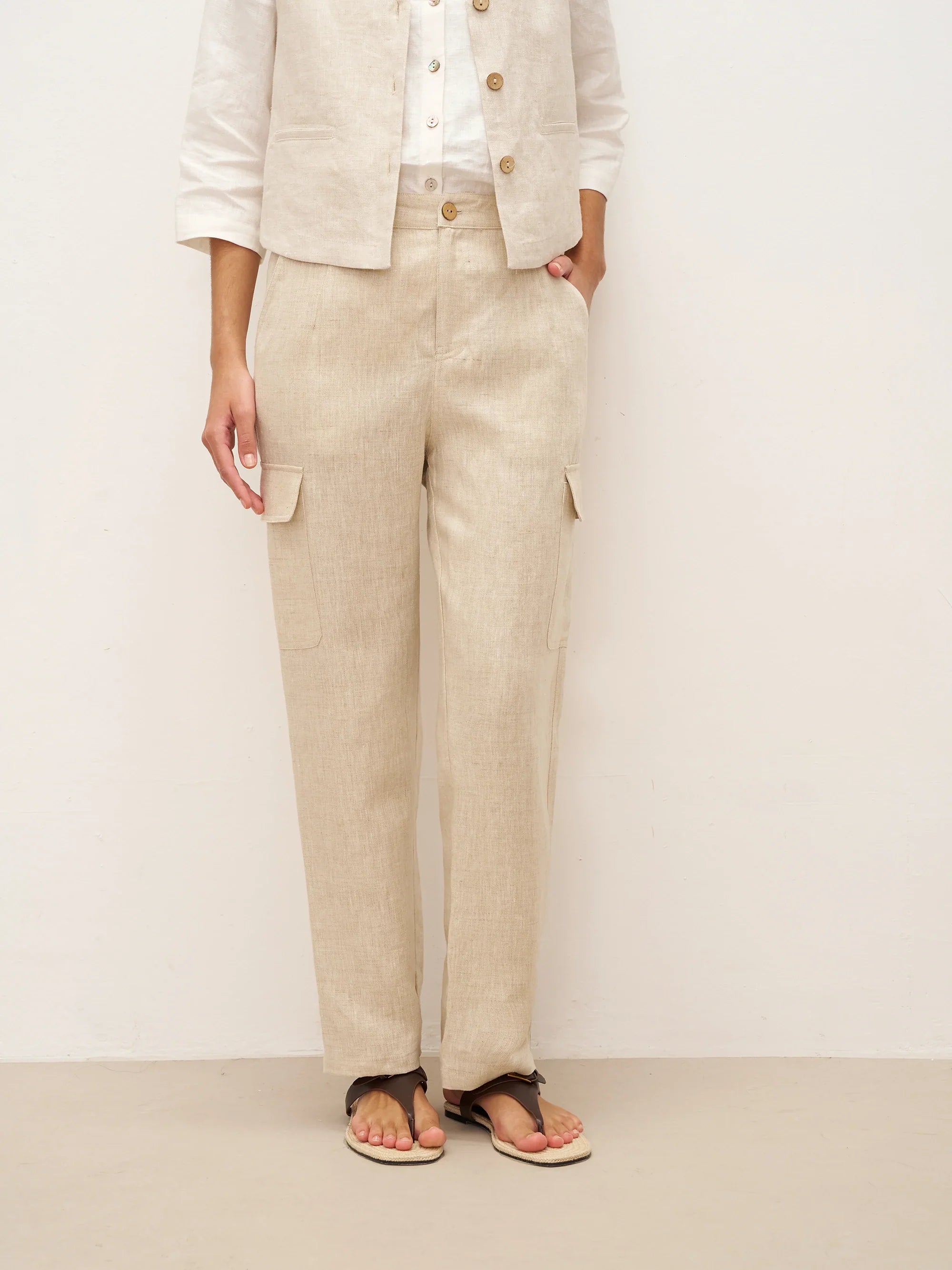 100% Linen Cargo Tapered Trousers with Patch Pockets JESSE