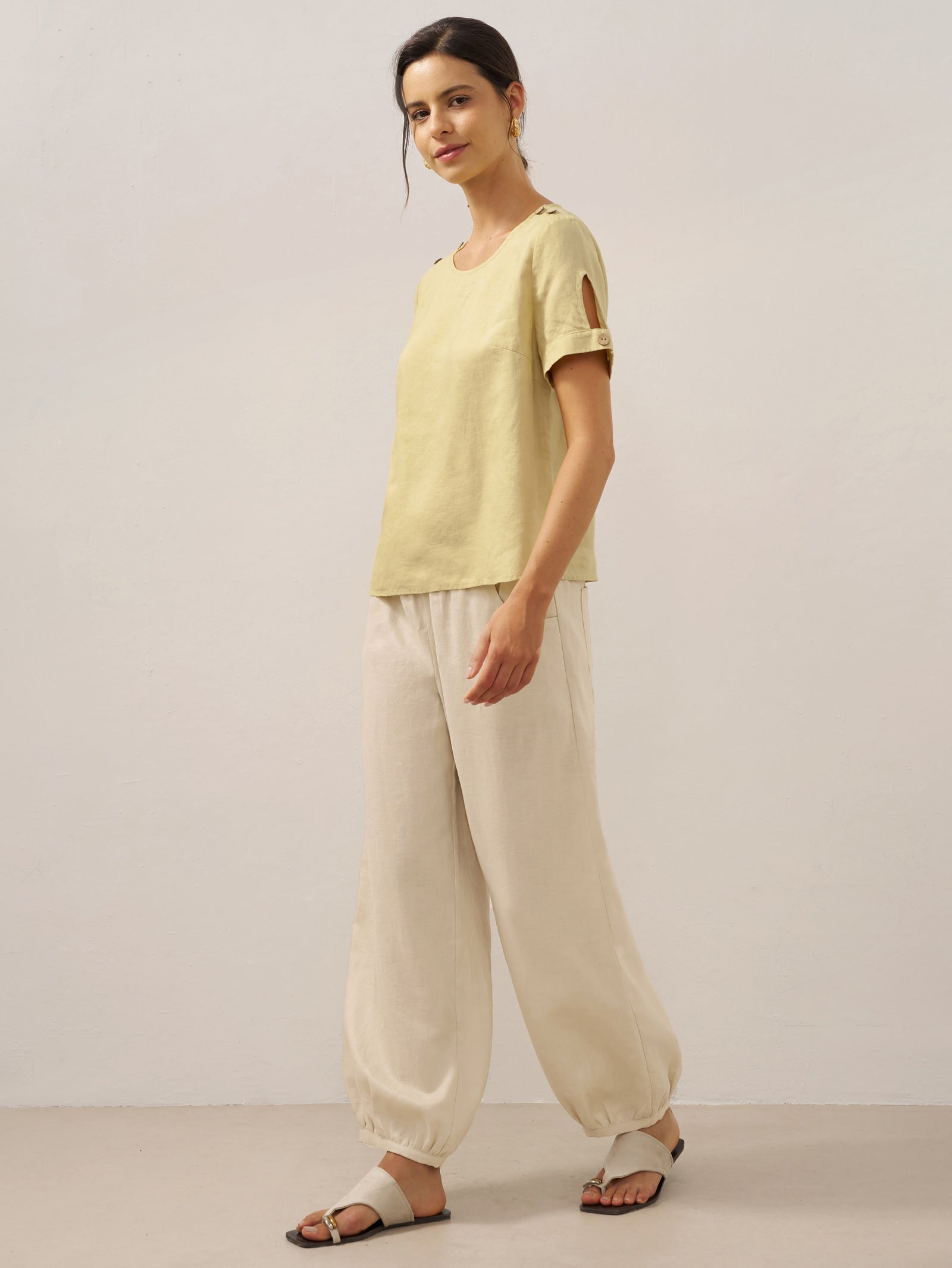 100% Linen Broad Elastic Waistband Pants TALIA