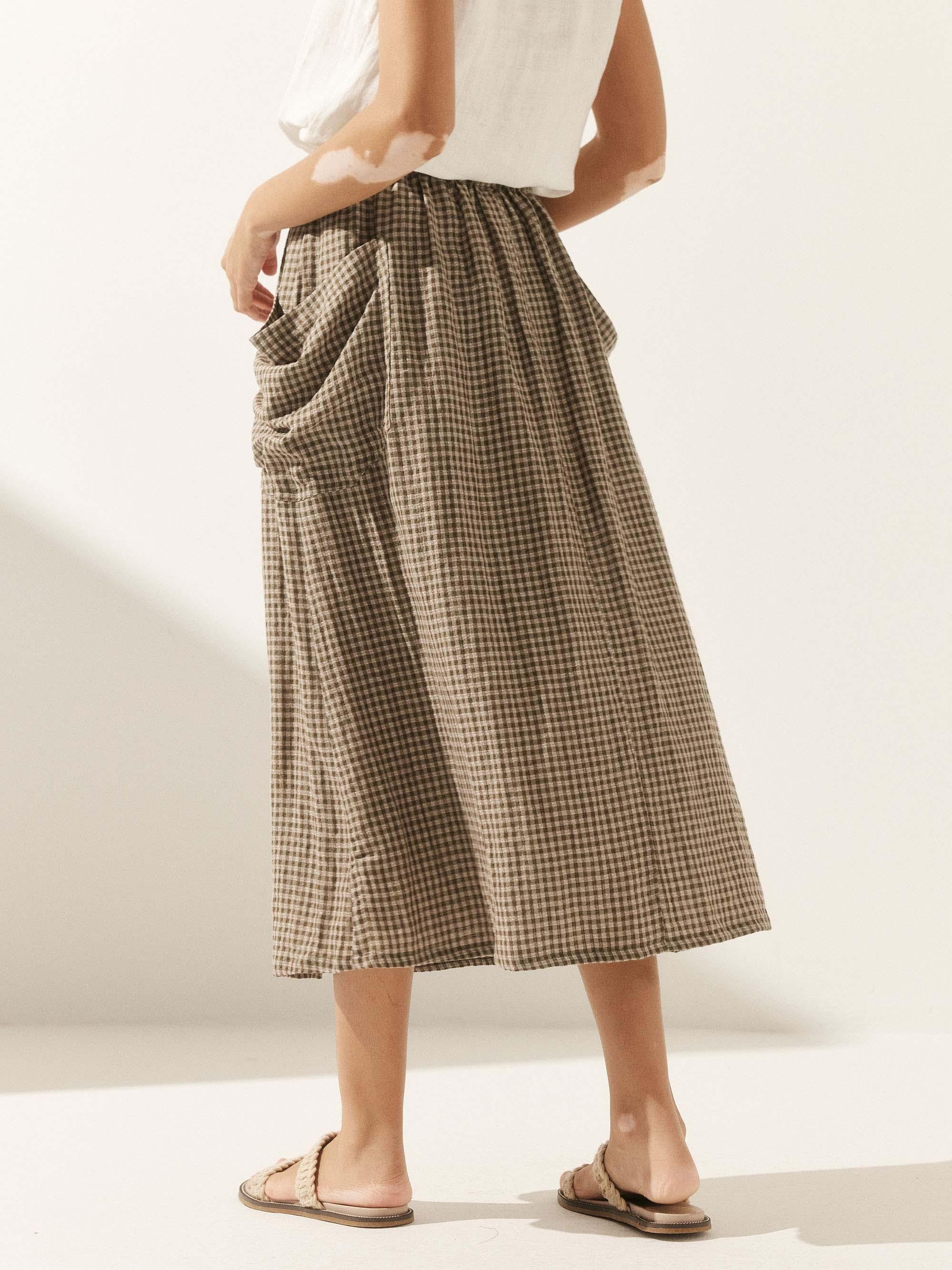 Linen Checked Elastic Waist Skirt ONYX