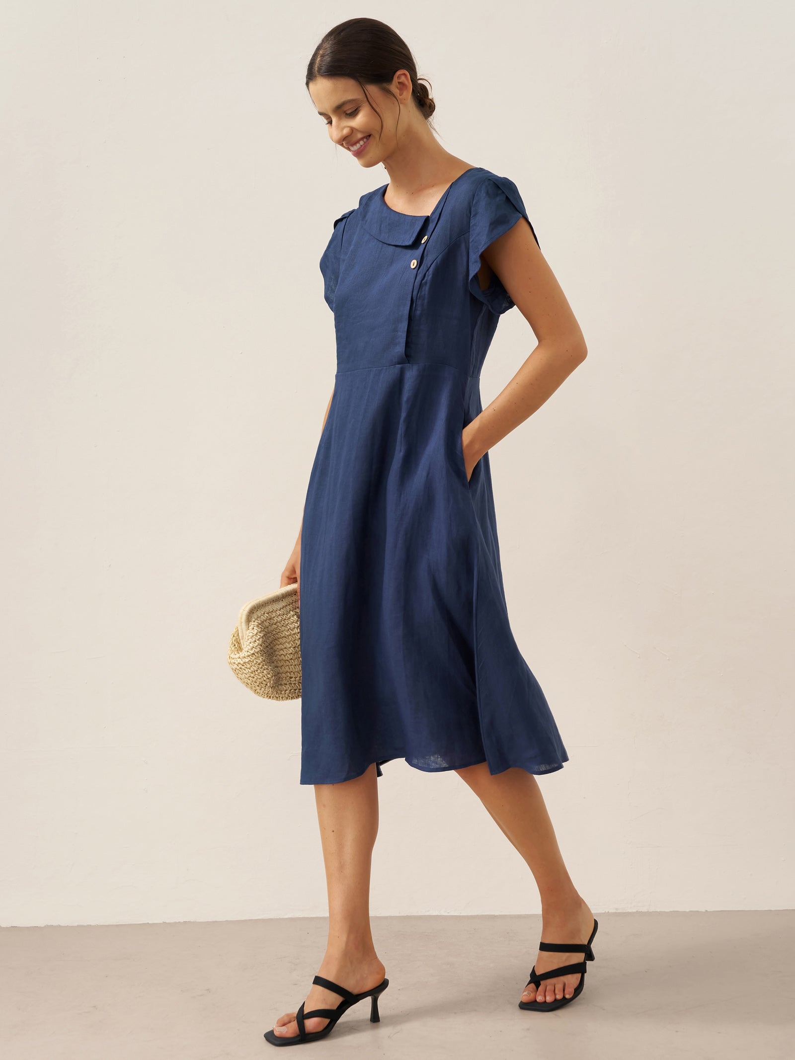 100% Linen Crescent Collar Flutter Sleeve Midi Dress FIONA